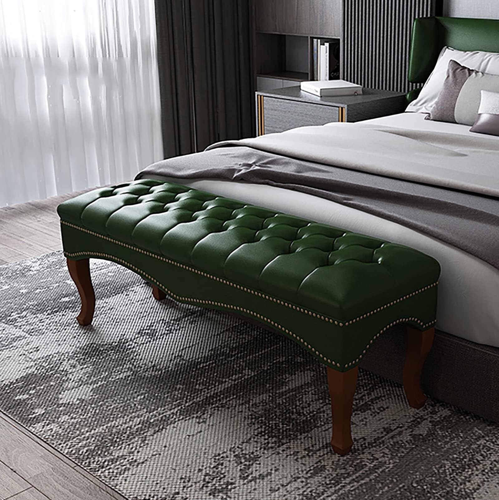 Banc de lit en cuir faux vert, siège de canapé rembourré et meuble de chambre
