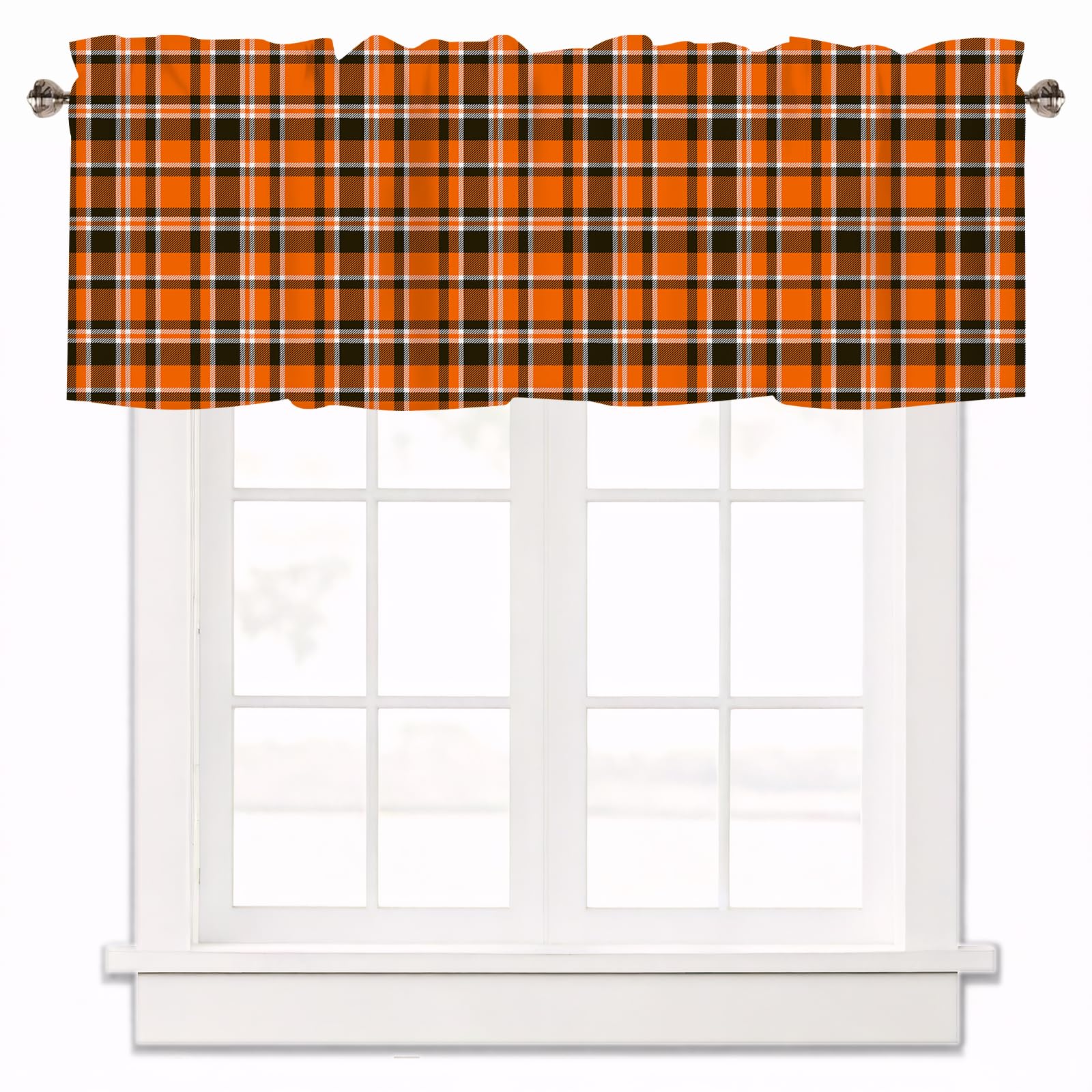 Fall Orange Buffalo Grid Curtain Valances for Windows 42x12 Inch