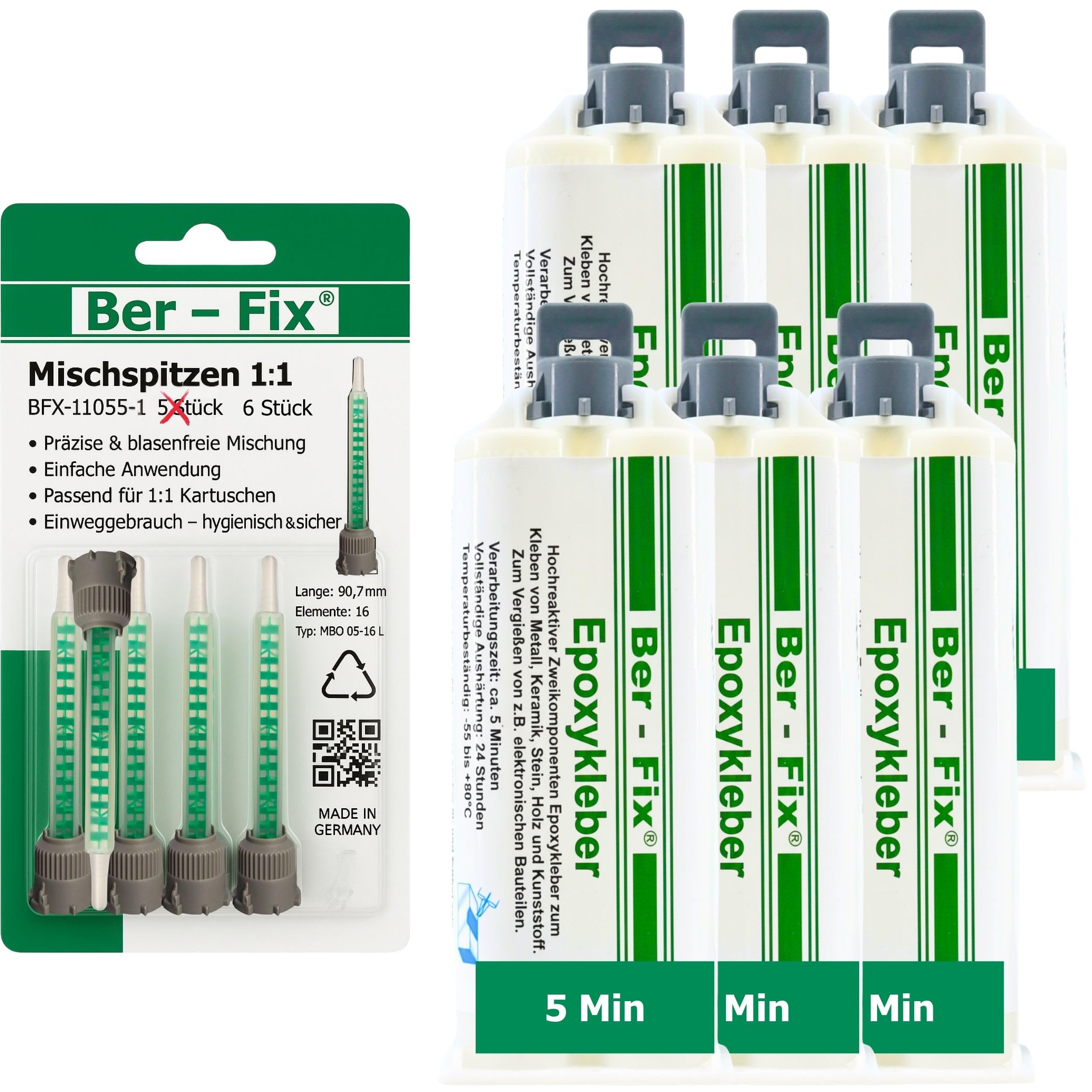 Ber-Fix® 2K Epoxidkleber 5 Min – Vorratspack (6x50g) | mit Dosierpistole; 2K-System für Spaltfüllung und feste Reparaturen; Aushärtung 5 Minuten; Inhalt: 6x50g