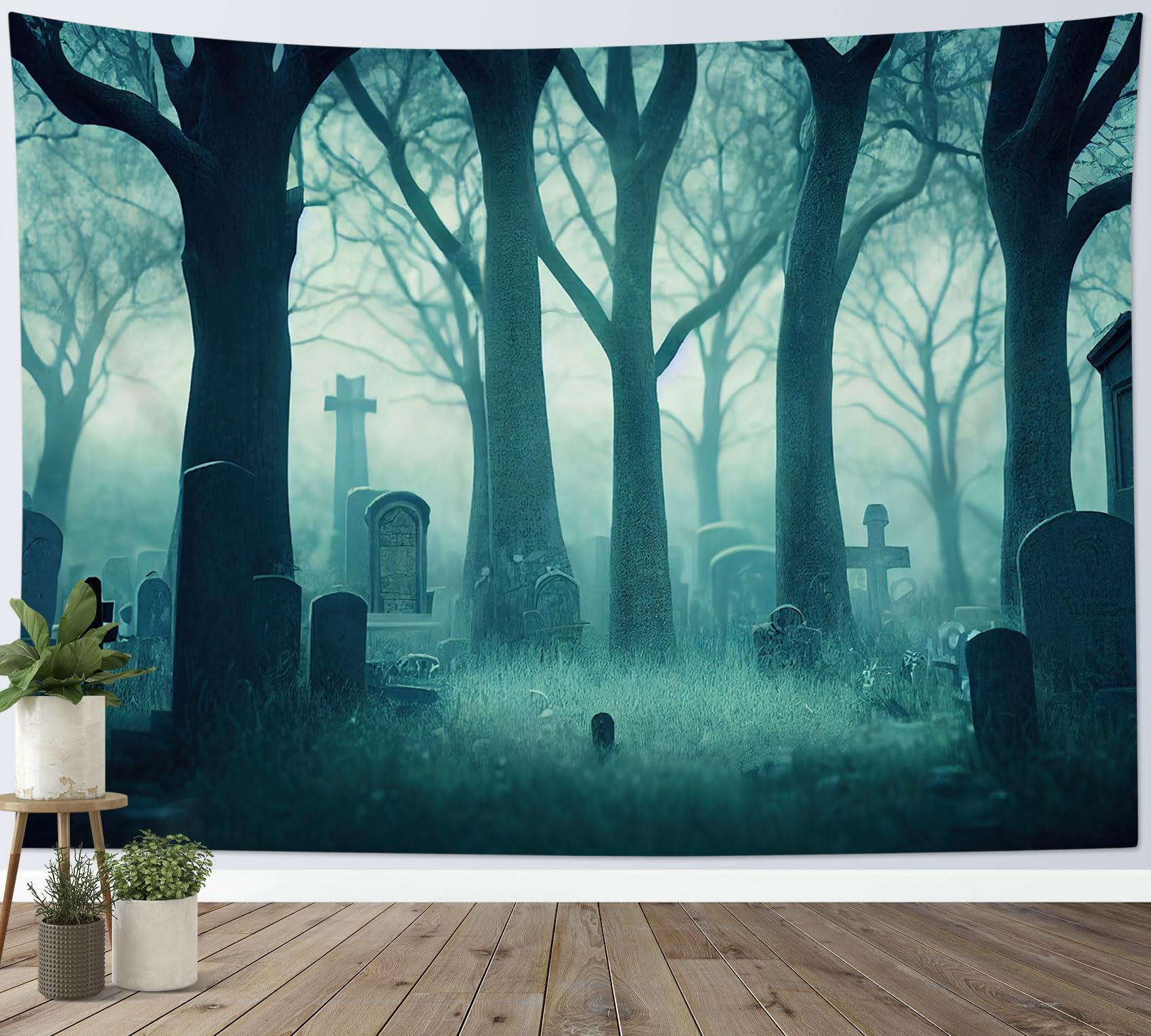 Amazon.co.jp: LB ハロウィン タペストリー 不気味な森と恐怖の墓場 壁飾 ヴィンテージ風 壁の装飾 インテリア ウォールアート  新居祝い 多機能 布ポスター 部屋飾り お店 雑貨 おしゃれな壁掛け 個性ギフト 200ｘ150cm : ホーム＆キッチン LB  ハロウィンタペストリー ..., image size:1700x1530