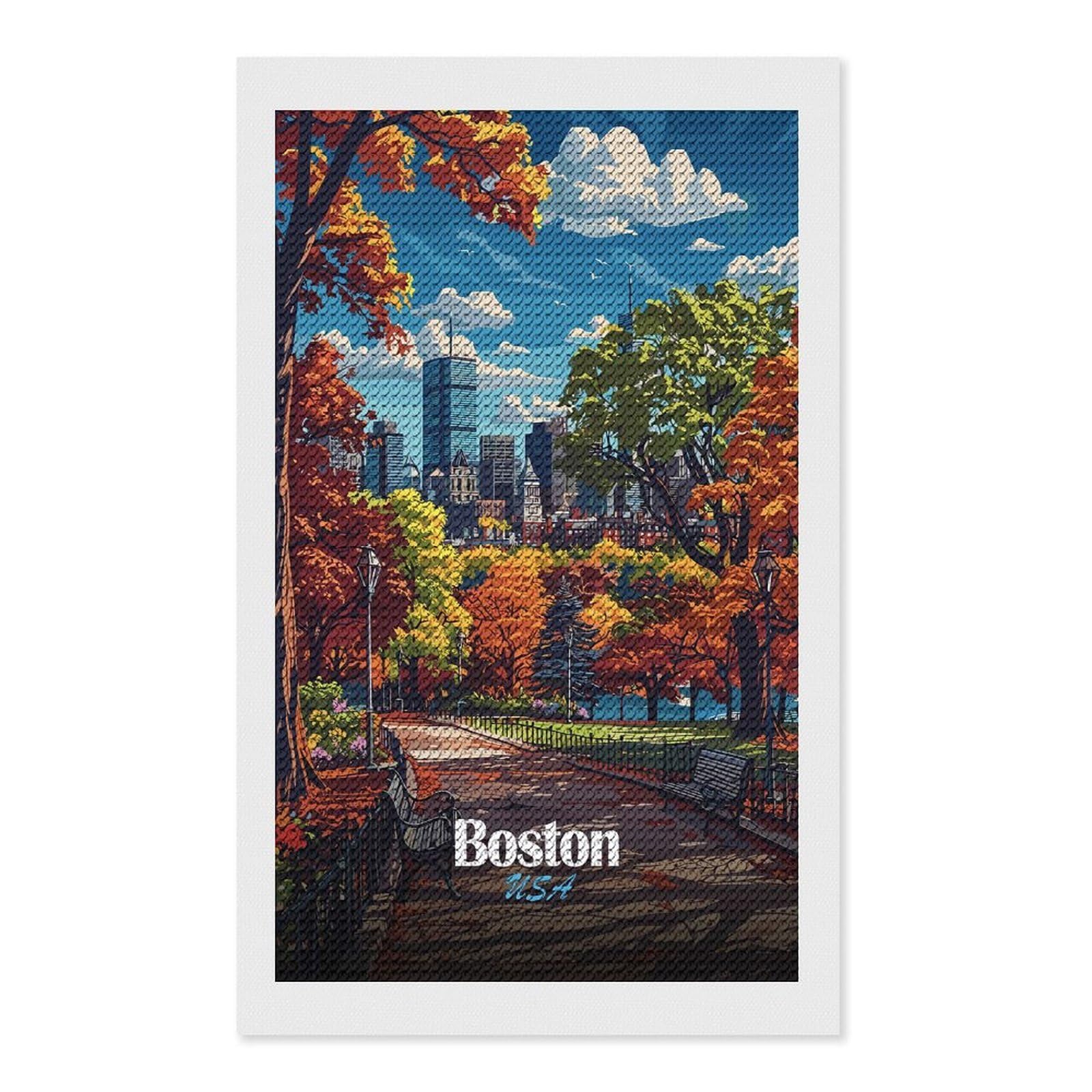 Junmoney Boston Skyline Autumn DIY Diamond Art Canvas Kit 12"x20", for Teens, Aesthetic Room Decor, Farmhouse Decor, Canvas Picture, Birthday Gift