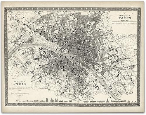 Póster vintage de 1844 con mapa de París Francia, 11 x 14 pulgadas, sin marco, detallado, mapa antiguo de la ciudad, arte de pared, cartografía