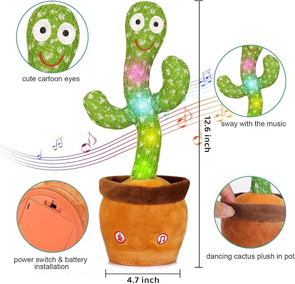 Edencomer Cactus Qui Danse Et Répète, Cactus Qui Parle avec LED, Chantant Parlant avec Fonction Enregistrement, Interactif Et Éducatif, Cadeaux pour Enfants Et Décoration - 3
