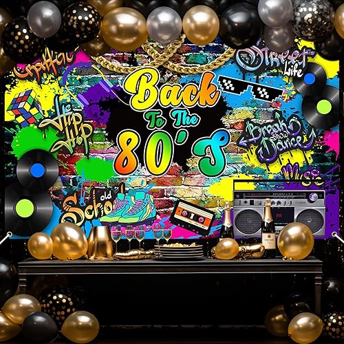 Miniatura 6 de Decoraciones de fiesta de los años 80, telón de fondo de 6 x 3.6 pies, pancarta de los años 80, Hip Pop Retro Redio 80, fondo de fotografía