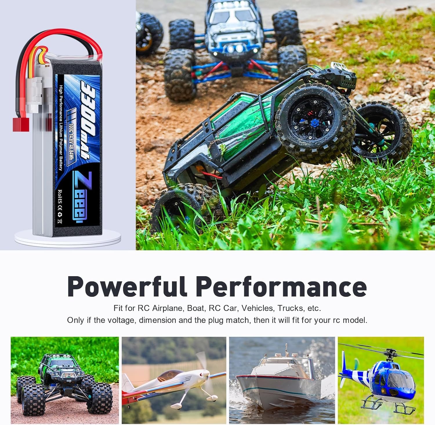 Zeee 4S Lipo 3300mAh 14,8V 100C Softpack RC Akku mit T Stecker(2 Packungen) | RC Batterie für RC-Flugzeug, Hubschrauber, RC-Boot, UAV, Drohne, FPV, RC-Auto, LKW, Boot