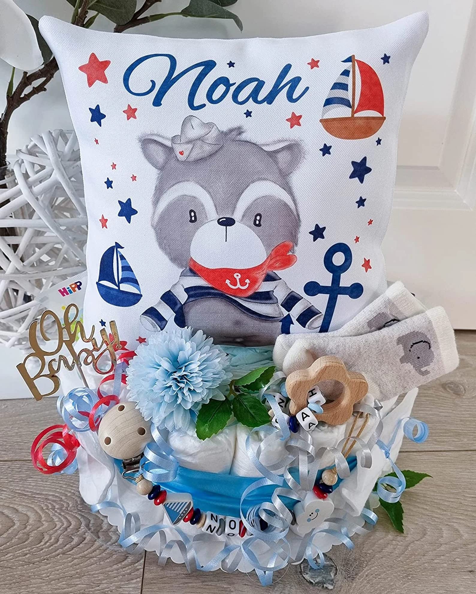 Windeltorte mit Name - Kuschelkissen Waschbär Maritim I Geschenk, Babyparty, Geburt oder Taufe + gratis Grußkärtchen