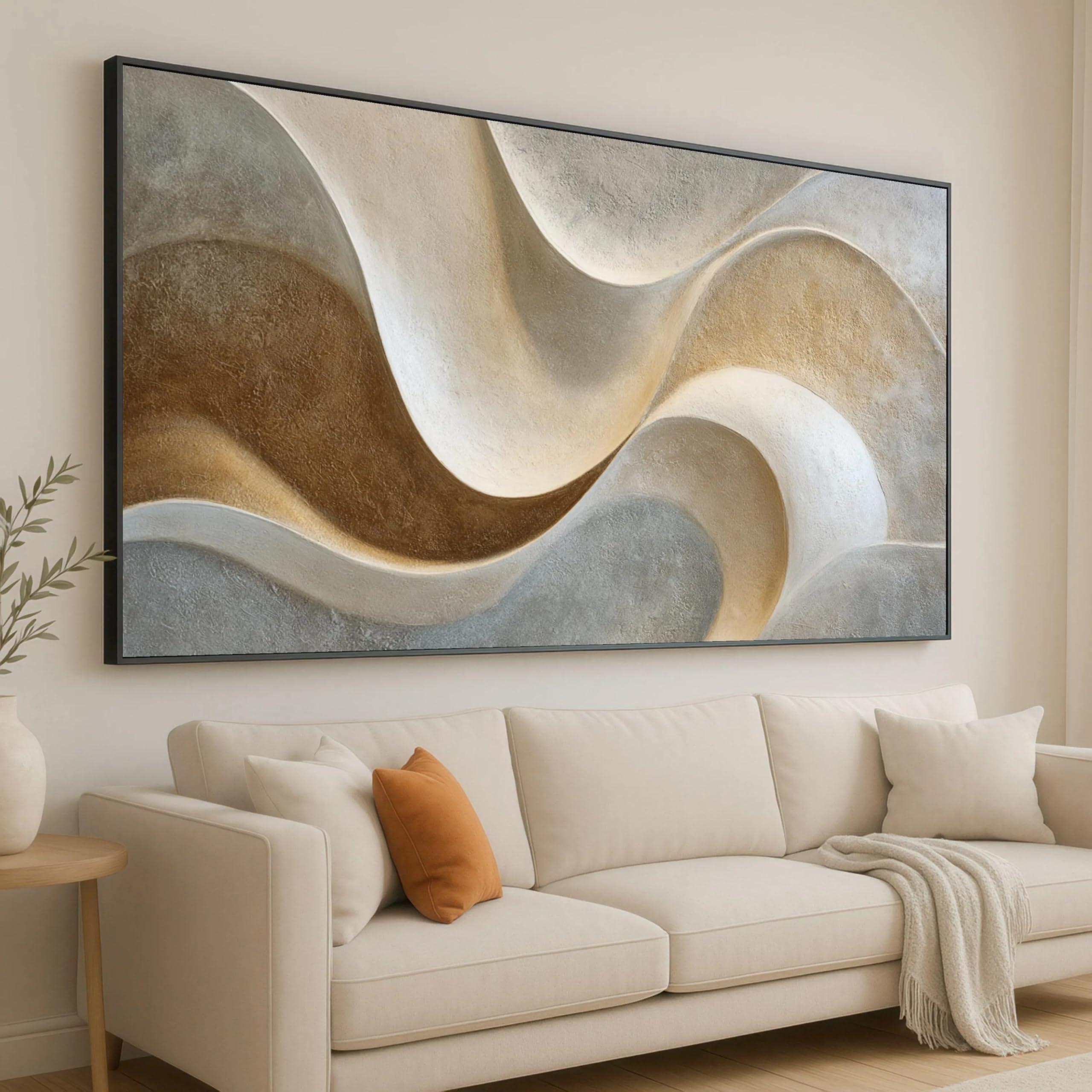 UUDEZO Décoration murale moderne beige, marron et gris, tableau abstrait à motifs de vagues neutres sur toile, prêt à accrocher (75 x 150 cm, cadre noir).