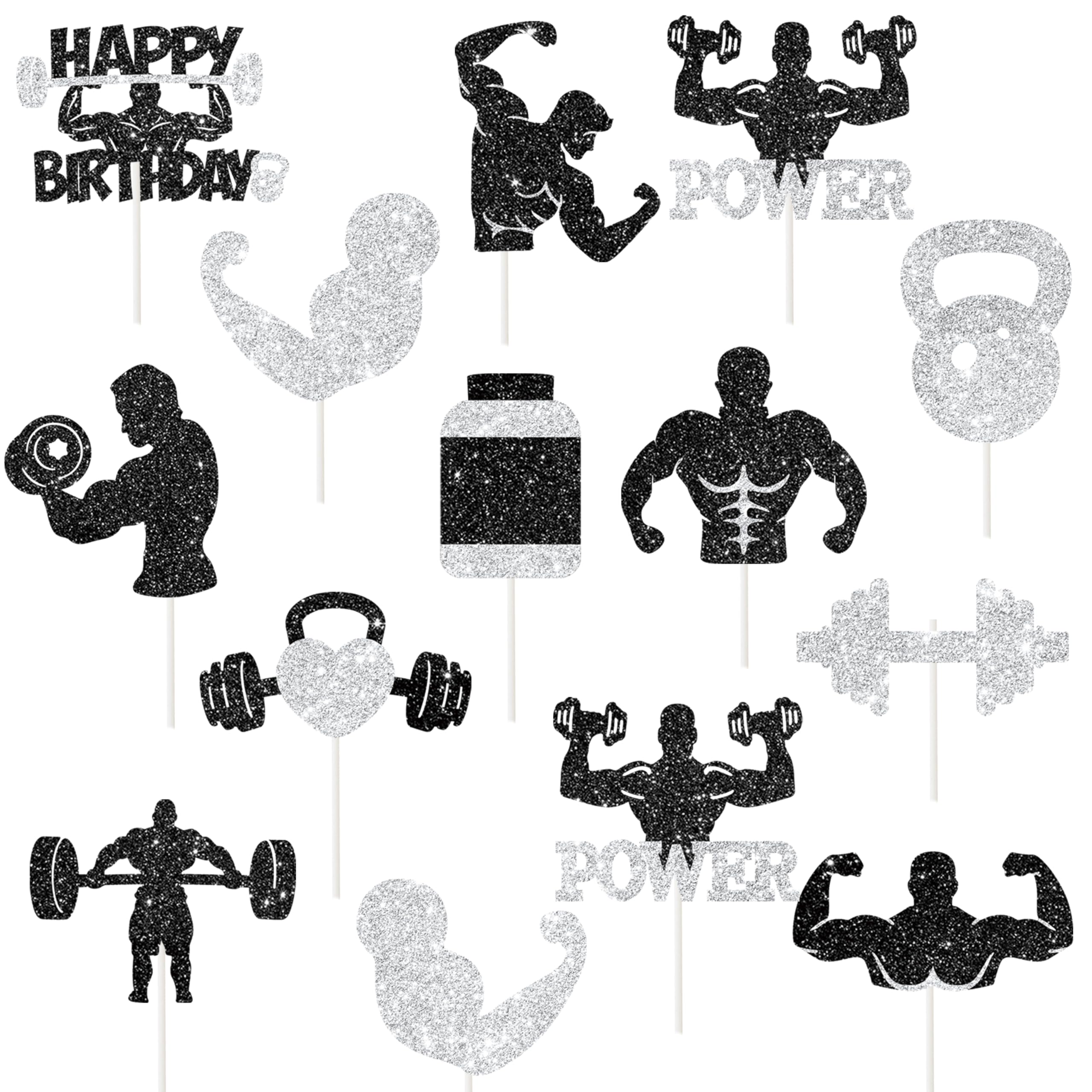 24Pcs Gym Party Cupcake Toppers Glitter Weight Lifting Cupcake Topper Fitness Birthday Party Decorations Gym Workout Cupcake Picks for Gym and