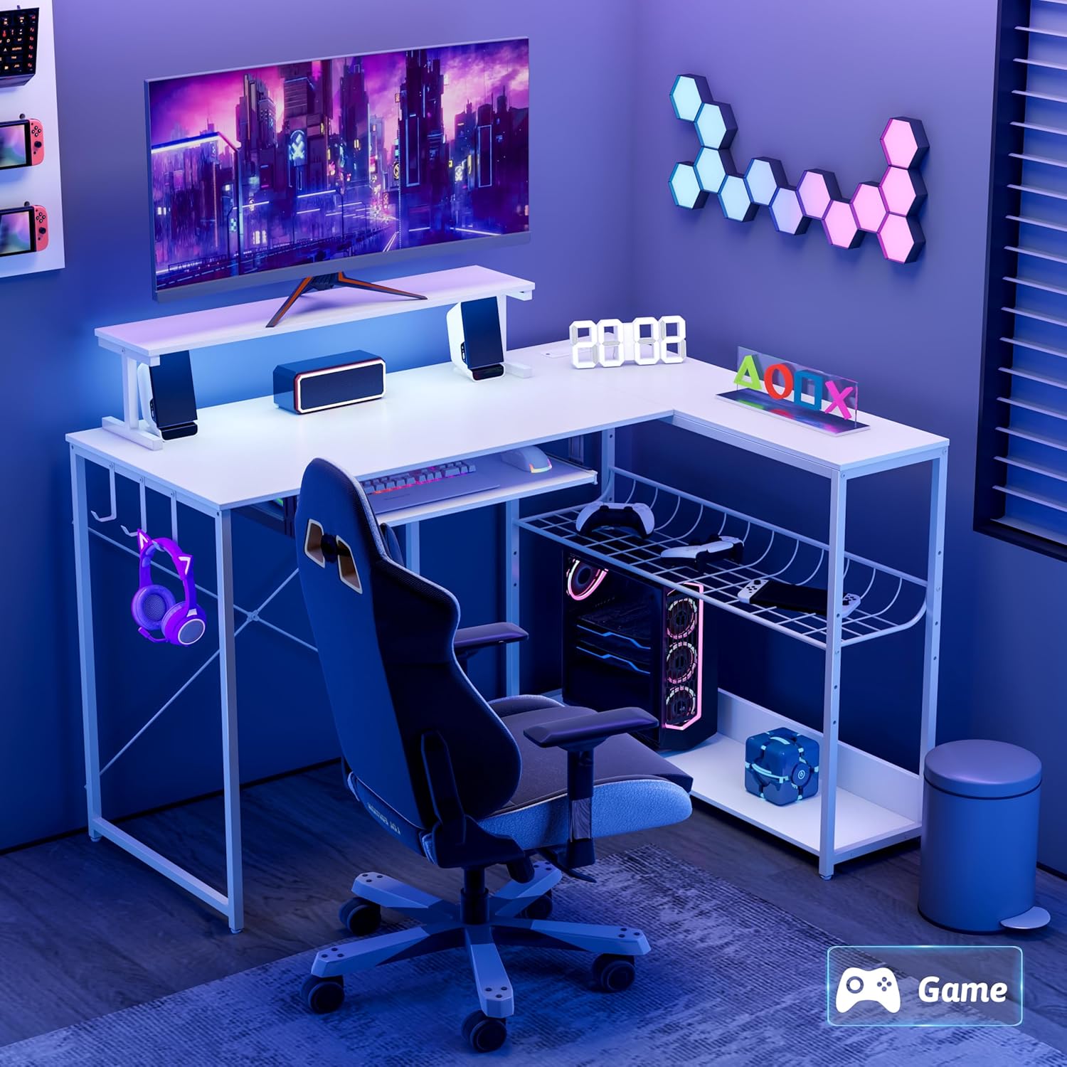 Computer Desk, L Shaped Gaming Desk with Monitor Stand & Storage Shelf & LED Light & USB Power Outlet, Reversible Shelves Corner Table with Keyboard Tray for Gaming, Home Office, Study
