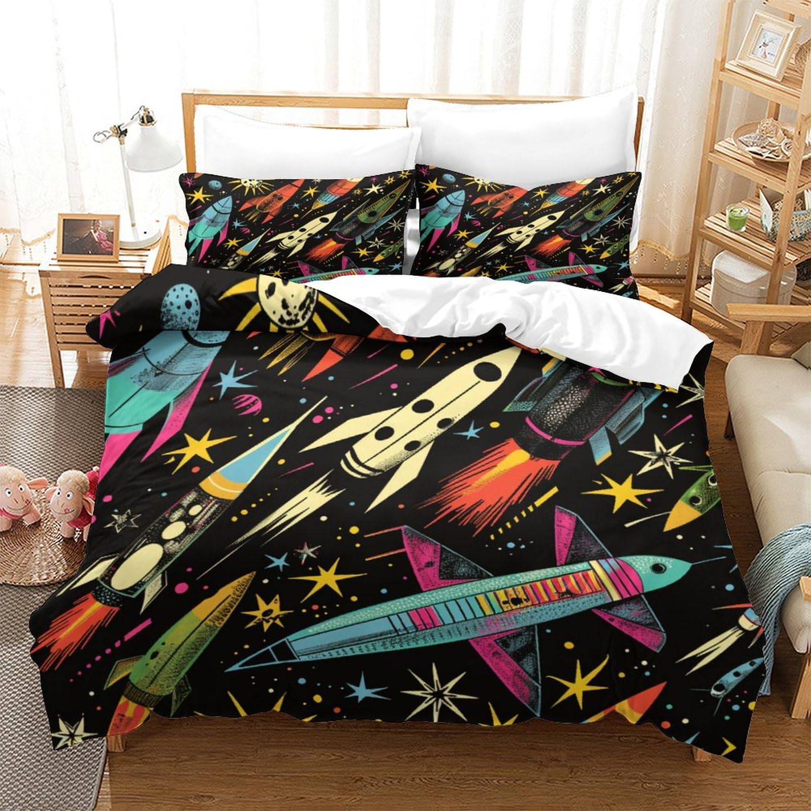 P1s9u7w5y Aircraft-6 Galaxy Style 3D Printed Rocket Spaceship Duvet Cover Set 3Pcs Microfiber Space Bedding Set King（220X240cm）