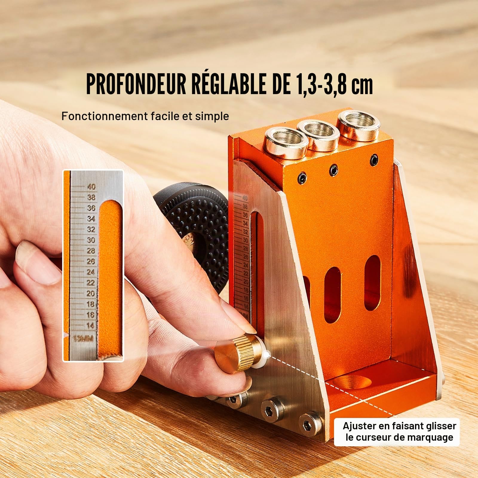 VEVOR Kit de Gabarit de Trou de Poche Profondeur Réglable 12,7-38,1 mm Système de Trou de Poche en Alliage d'Aluminium Gabarit de Perçage Oblique Kit Complet pour Travaux de Menuiserie Meuble en Bois