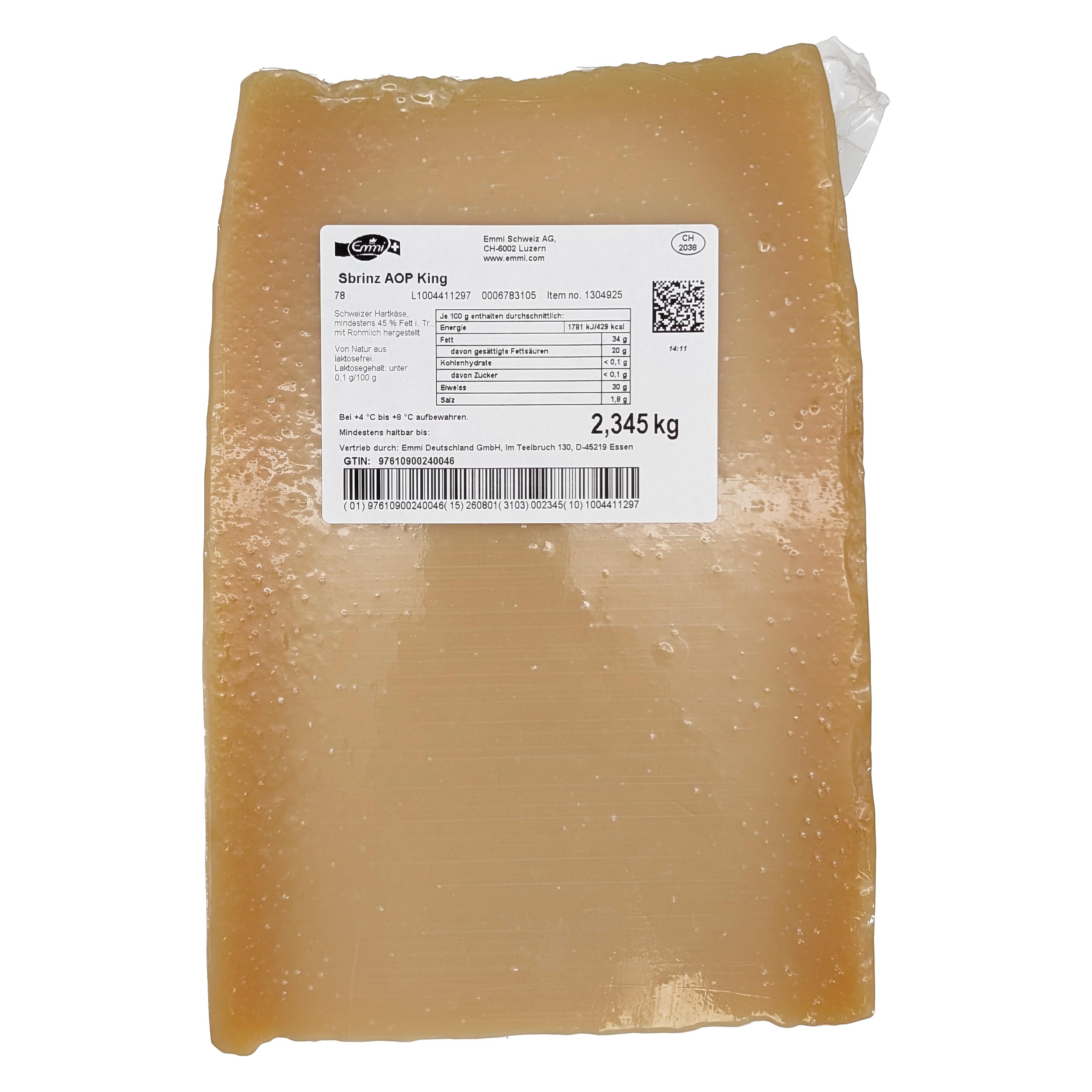 Emmi Sbrinz Schweizer Hartkäse AOP 2,3 kg Rohmilchkäse, laktosefrei, über 18 Monate gereift, für Carbonara, Ofenlasagne, Pasta, überbackene Ofengerichte & Carpaccio, Produktion in der Schweiz