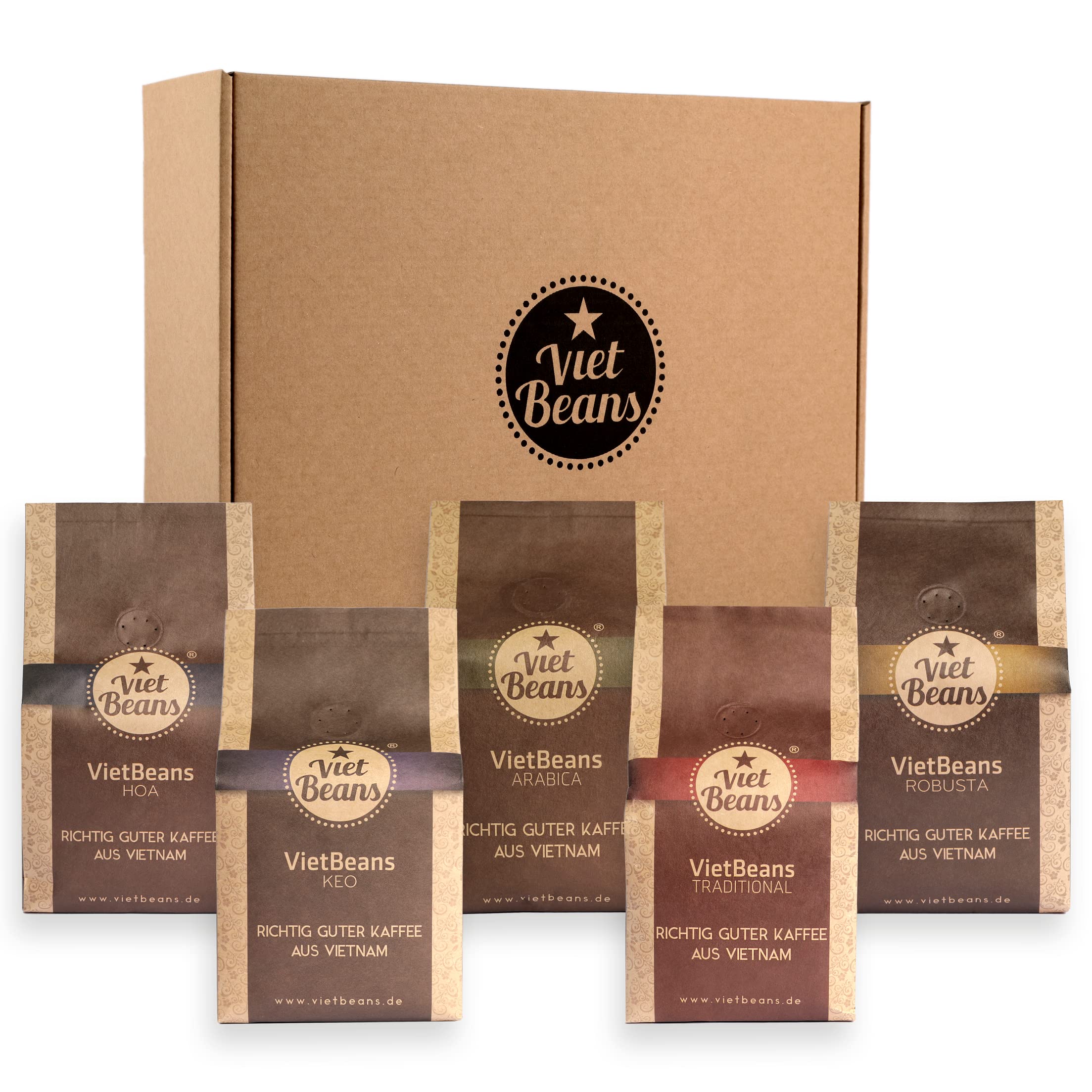 VietBeans Kaffee Probierset gemahlen - Fünf spannende Kaffeesorten für Kaffeeliebhaber - Geschenkset - 5 x 250g Exklusive Kaffeespezialitäten – Kaffeegeschenk (Großes Probierpaket gemahlen)
