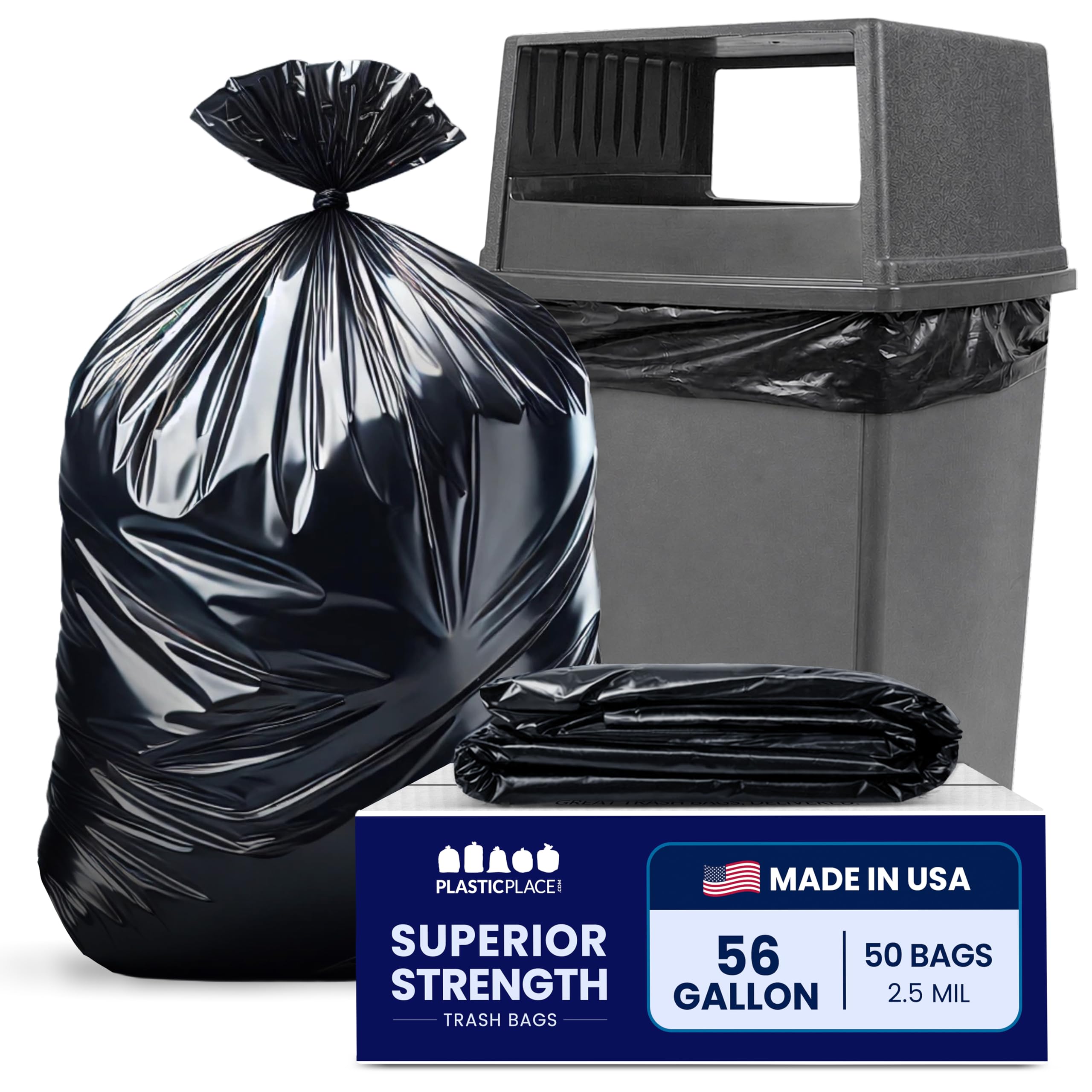 Plasticplace Bolsas de basura Glutton de 56 galones, 2.4 mil, 43 pulgadas de ancho x 46 de alto, negras, 50 unidades por caja Plasticplace