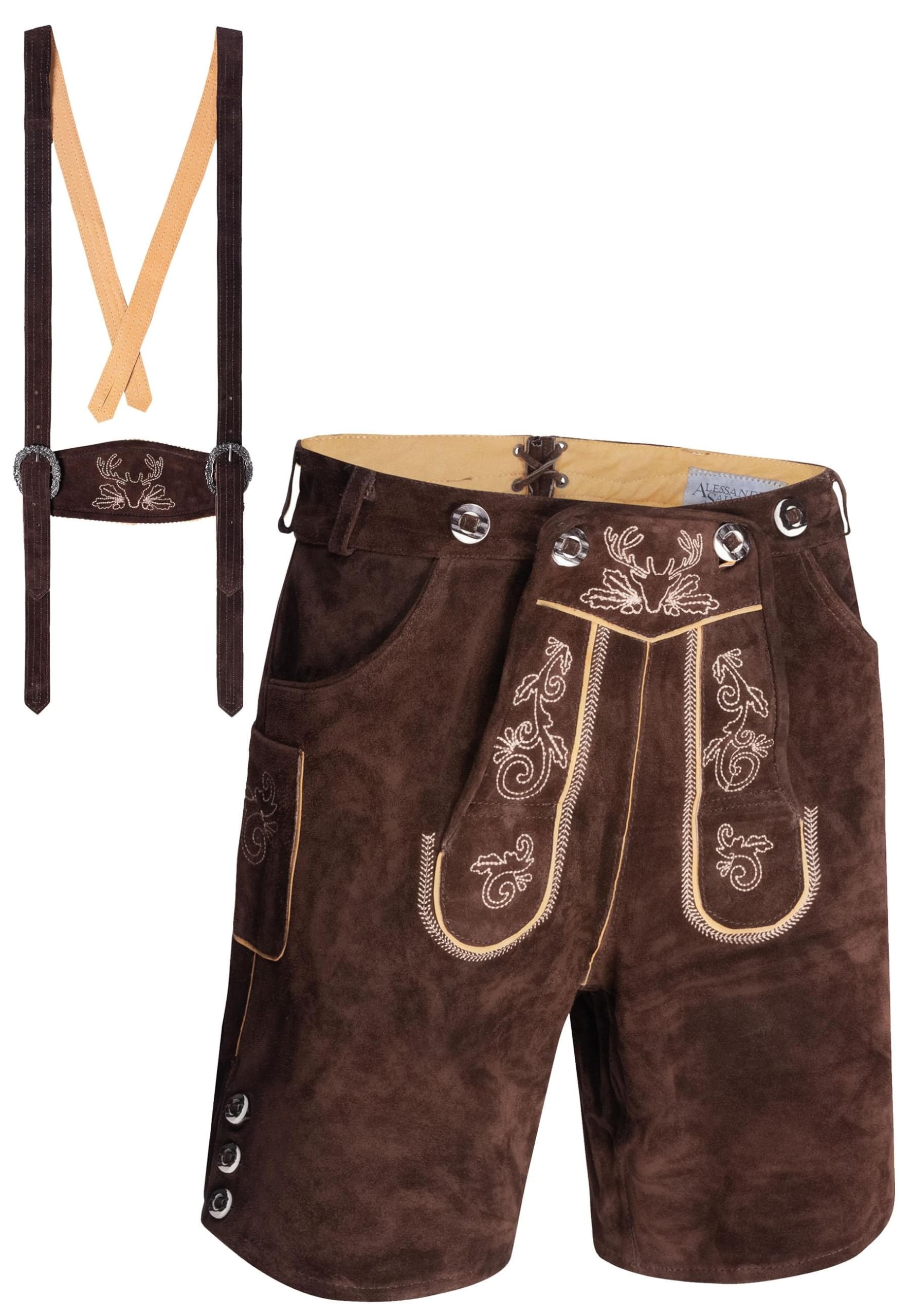 ALESSANDRO SALVARINI Herren Lederhose Tracht (Gr. 46-60) mit Träger - 100% Echtleder, Trachtenlederhose Kurz Oktoberfest Männer - AS-180