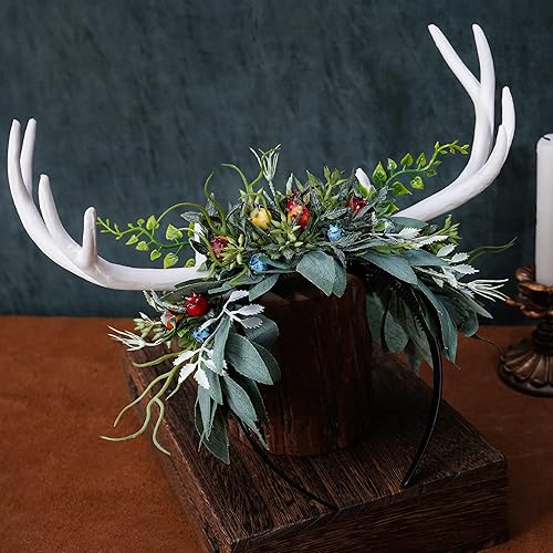 Miniatura 4 de MOSTORY Diadema hecha a mano de cuernos blancos con hojas verdes, diadema de cuernos de ciervo del bosque, diadema de reno del bosque con frutas