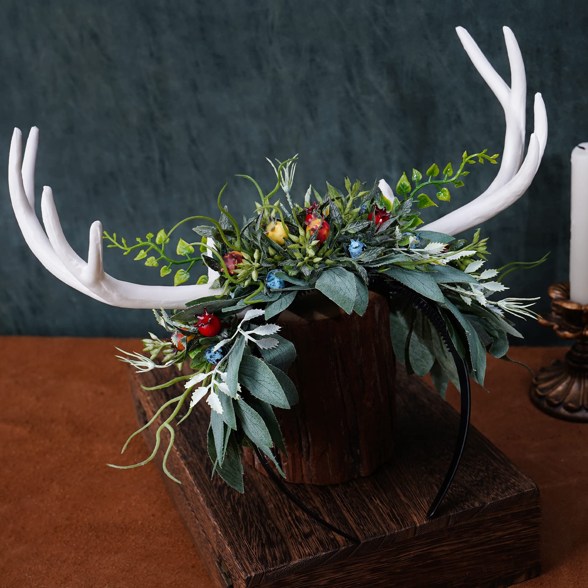 MOSTORY Antler Headband for Fairy Costume Women Green Woodland Flower Crown with Leaf and Flower for Wedding Prom Cosplay Renaissance Halloween - Image 4