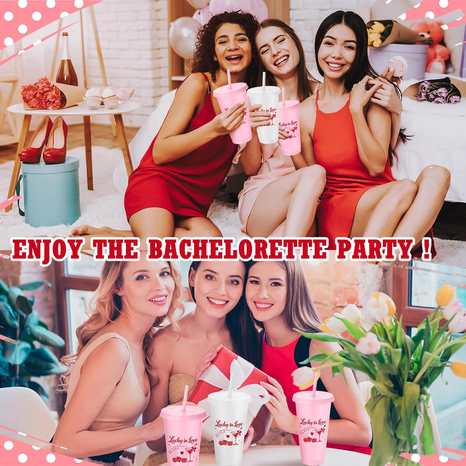 Qinyoung 16 Pcs Lucky in Love Bachelorette Party Plastic Cups 24 oz Party Tumbler with Lids and Straws Camp Bachelorette Cups for Bride Bridesmaid Gifts