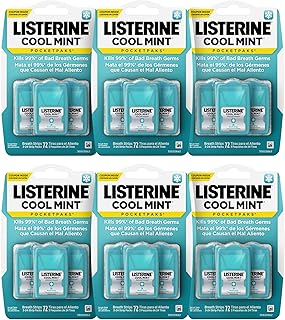 Listerine Cool Mint PocketPaks Portable Breath Strips for Bad Breath, Fresh Breath Strips to Kill 99% of Bad Breath Germs* On-The-Go, Cool Mint Flavor, 72 Count (Pack of 6)