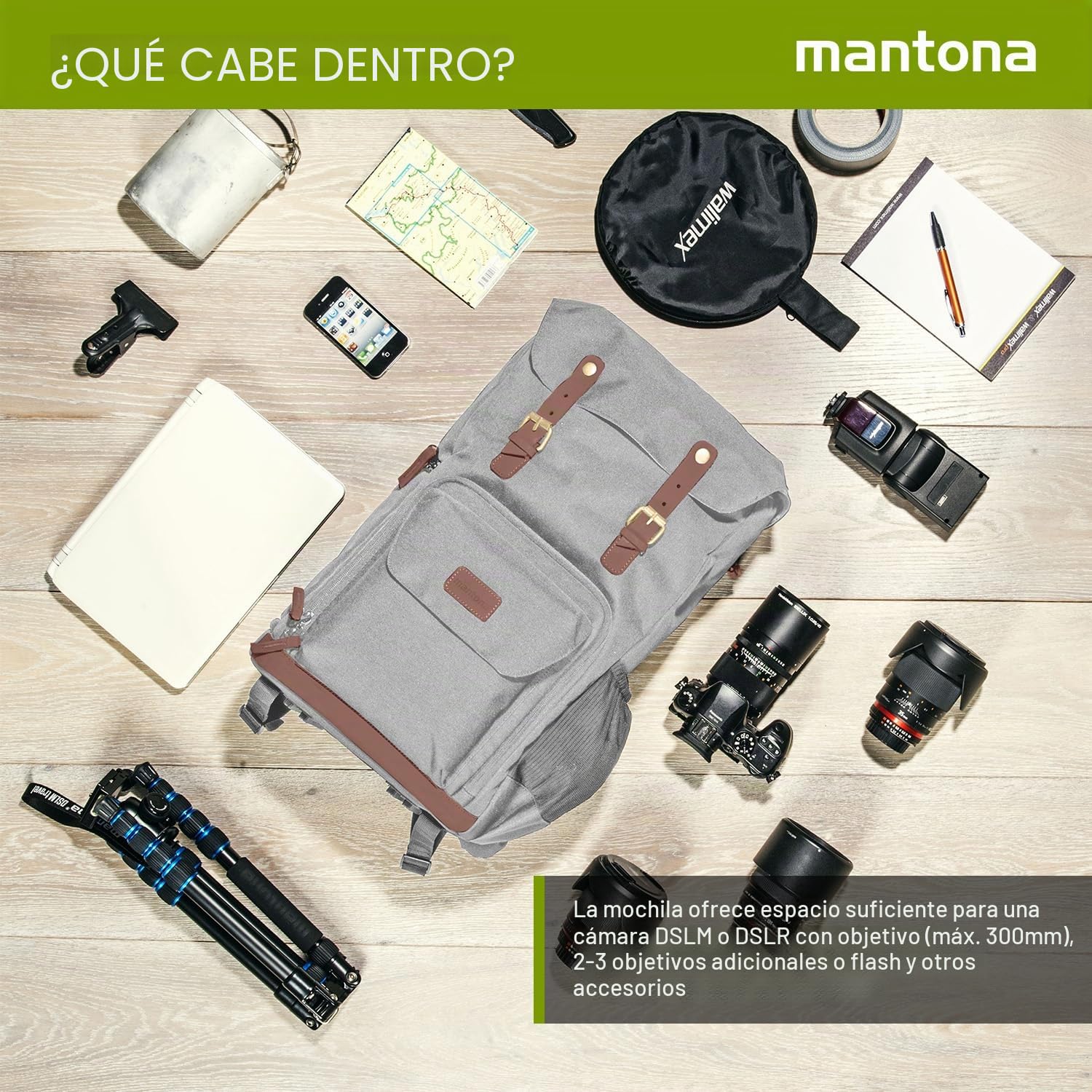 Mantona Mochila Retro Luis (con Aplicaciones de Cuero, Incluye Funda de Lluvia, Compartimentos Flexibles y Espacio para Laptop, Compatible con 1 Cámara DSLR, 3 Objetivos y Otros Accesorios), Gris