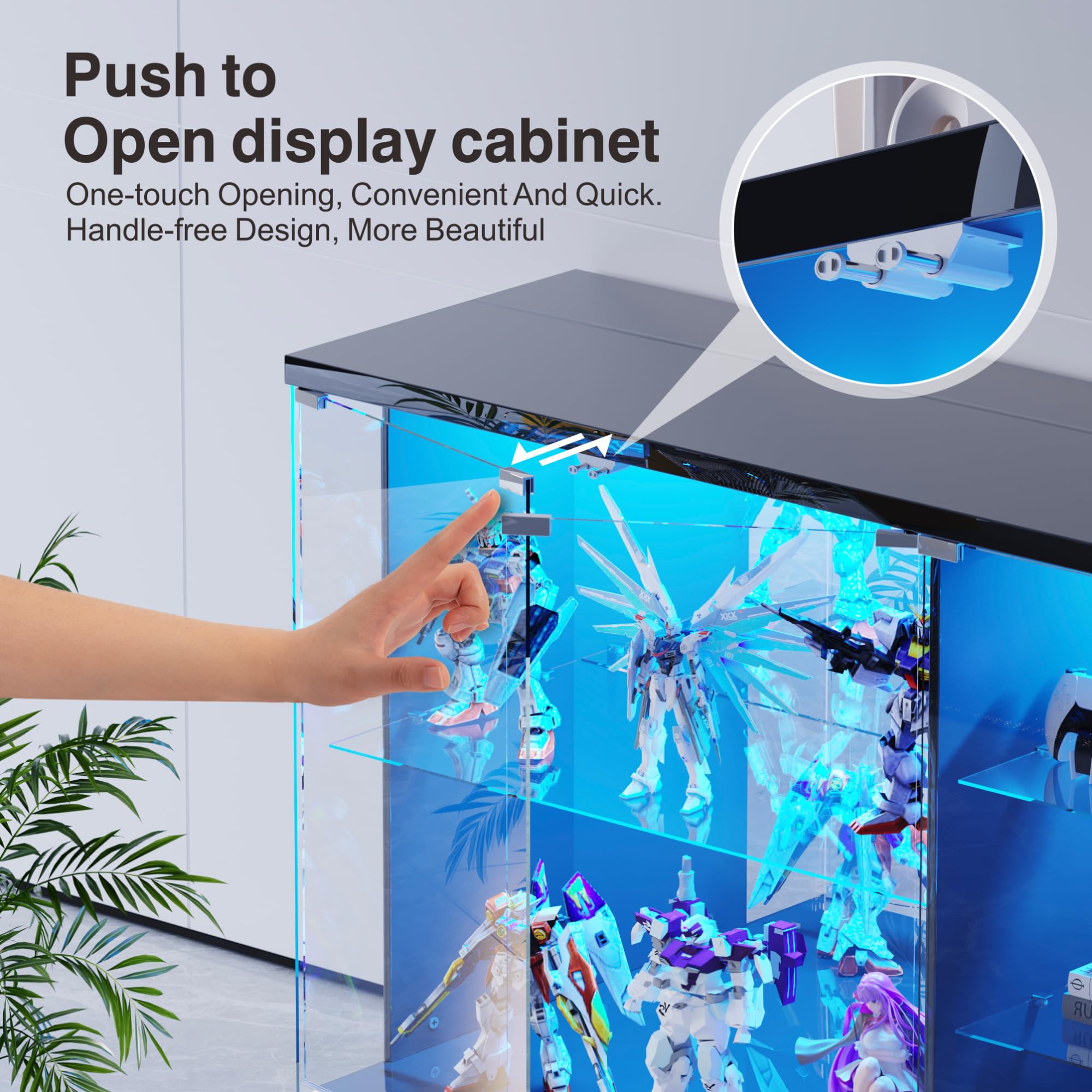 Lvifur Glasvitrine LED Beleuchtung und Glastüren,Glas Vitrinenschrank,Display Cabinet mit Intelligente Sensorik,3-Lagen Holz Vitrine Staubdicht für Wohnzimmer Schlafzimmer Büro,Schwarz
