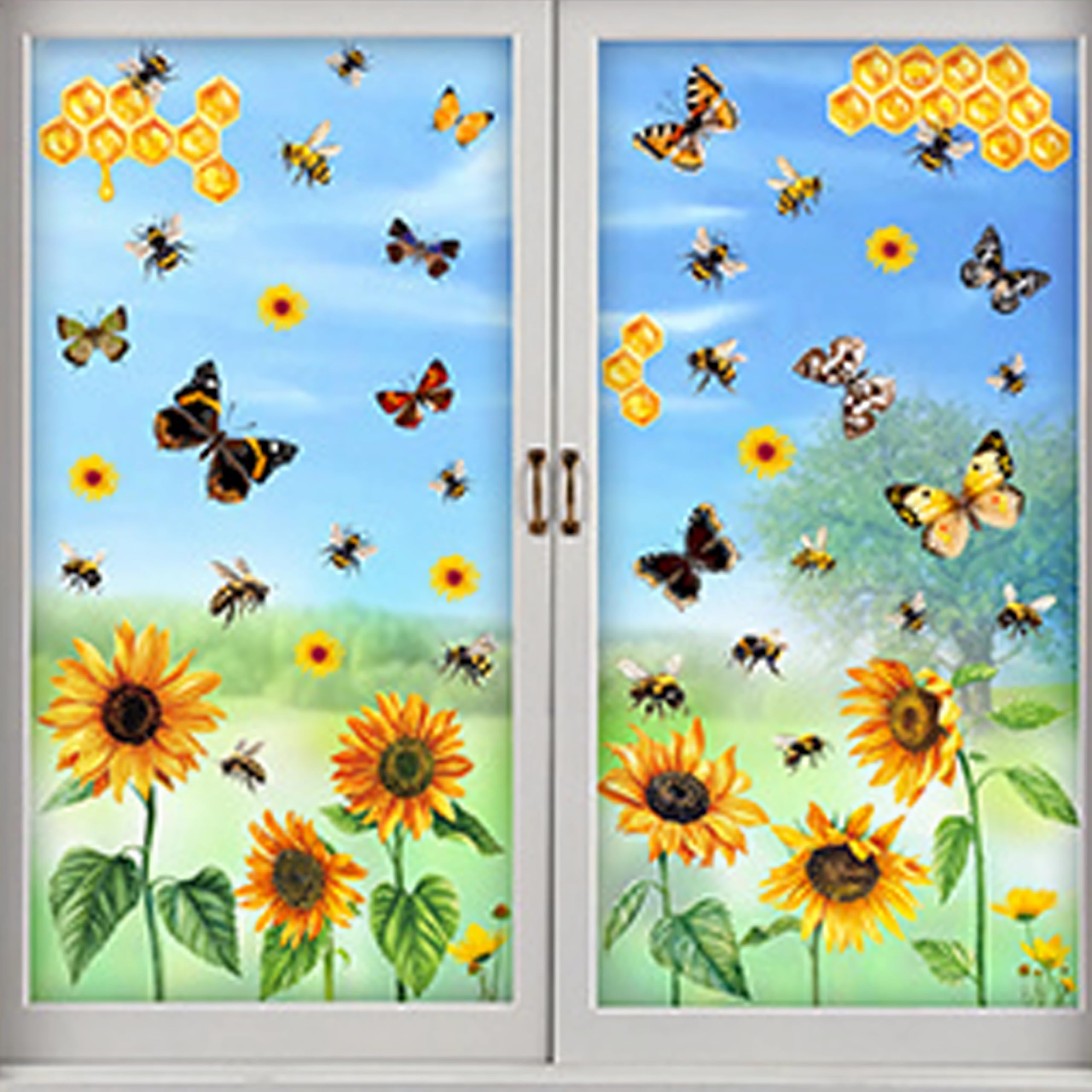 DWUENT Bee Stickers, Bee Wallpaper, Bees Decorations, Sunflower Bees Static Cling Decals - Image 4