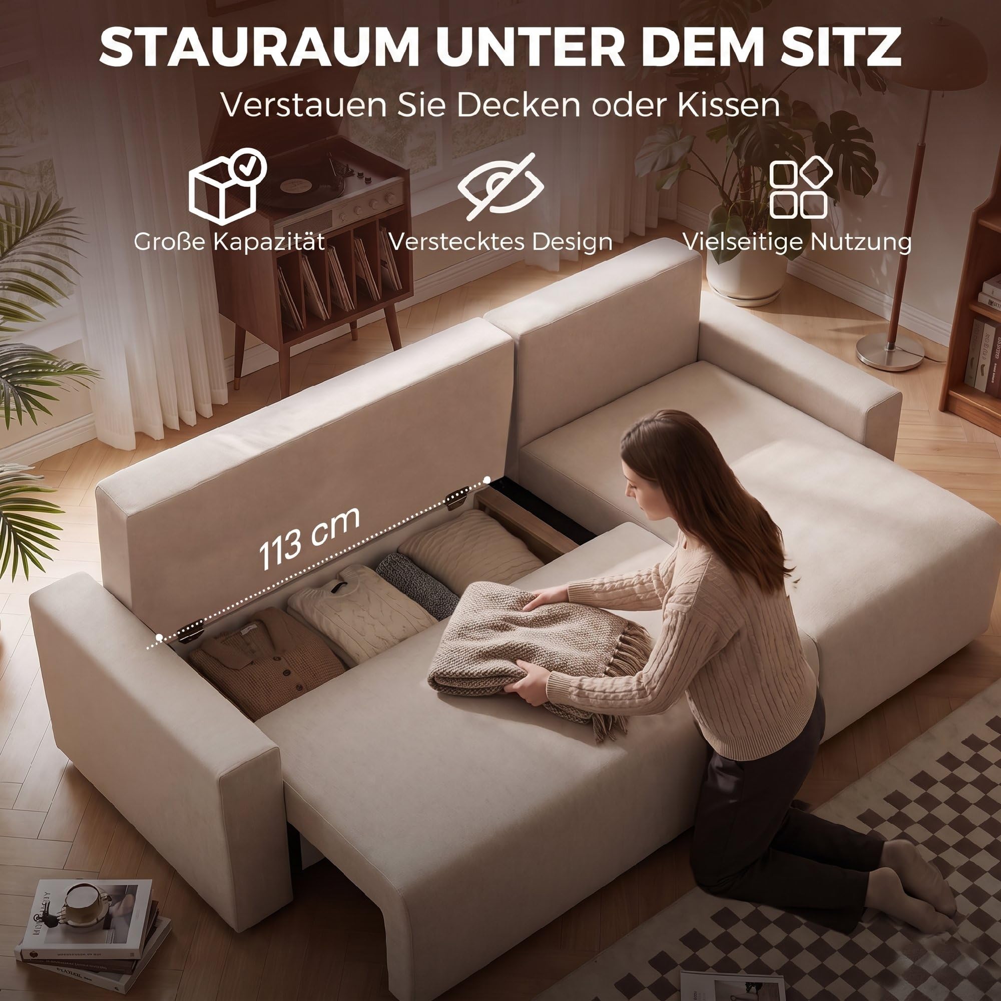 HOMCOM Ecksofa L-Form mit Schlaffunktion Umkehrbarer Chaiselongue Beige | 3-Sitzer Sofa, 2-in-1 Schlafsofa, Veloursbezug, Schlafcouch für Wohnzimmer, Hergestellt in der EU