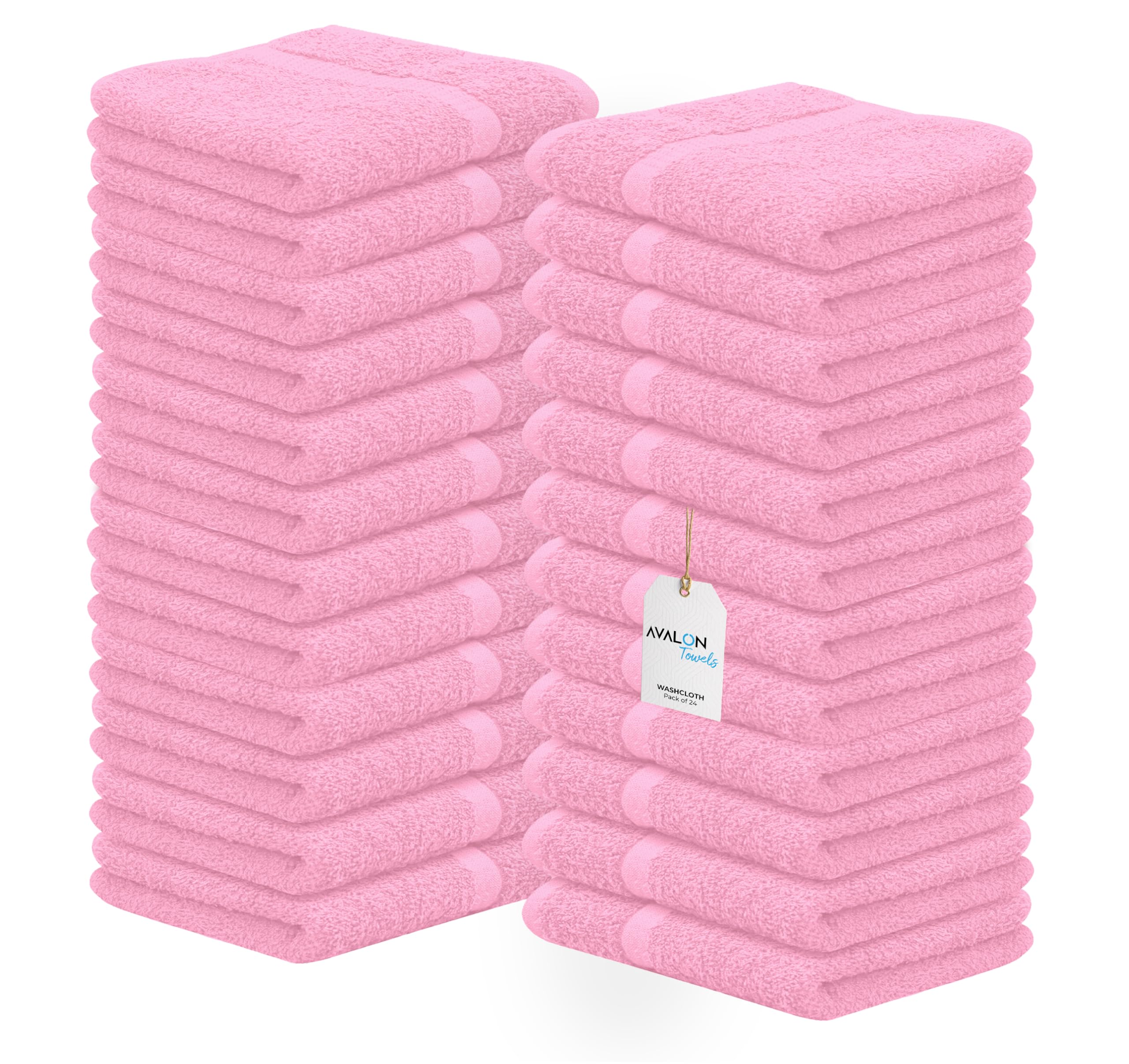 Avalon Towels Cotton Washcloths – (Pack of 24) Size 12x12 Inches, 100% Ring Spun Cotton, Soft & Absorbent Face Towels, Gym Towels, Hotel and Spa Quality, Reusable Fingertip Towels (Pink)