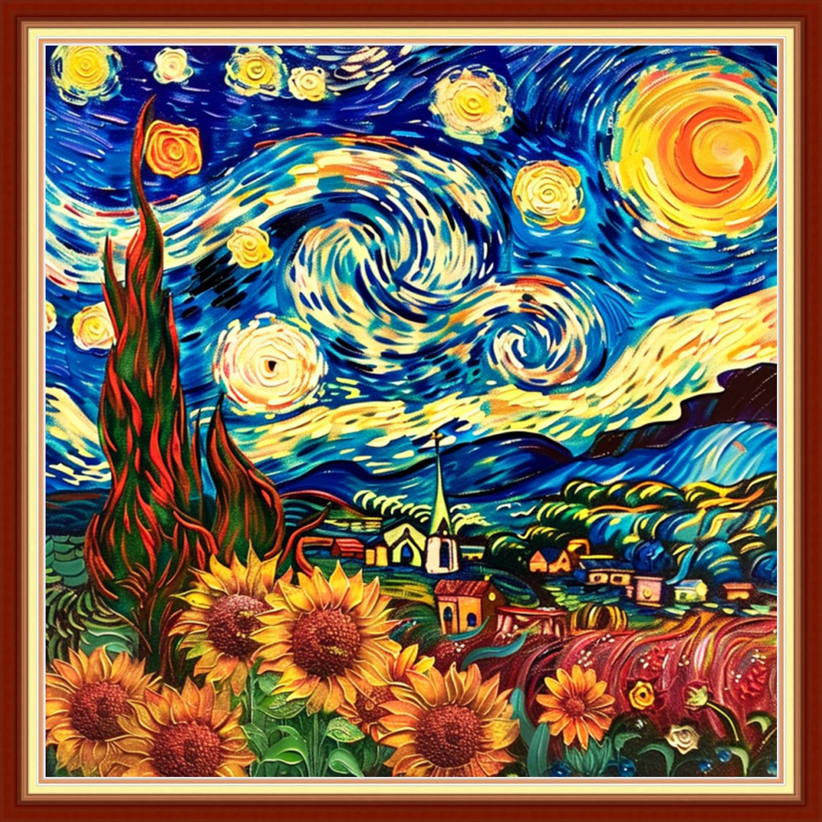 Joyhoor Stamped Cross Stitch Kits for Beginners Needlepoint Kits for Adults Embroidery Kits 11CT Counted Cross Stitch Kits Printed Embroidery Pattern-Van Gogh Starry Sky Flowers 18x18 inchs