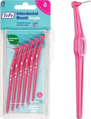 TePe Ángulo de cepillo interdental cepillo dental en ángulo para limpieza de dientes paquete de 6 0016in huecos extrapequeñospequeños rosa talla 0