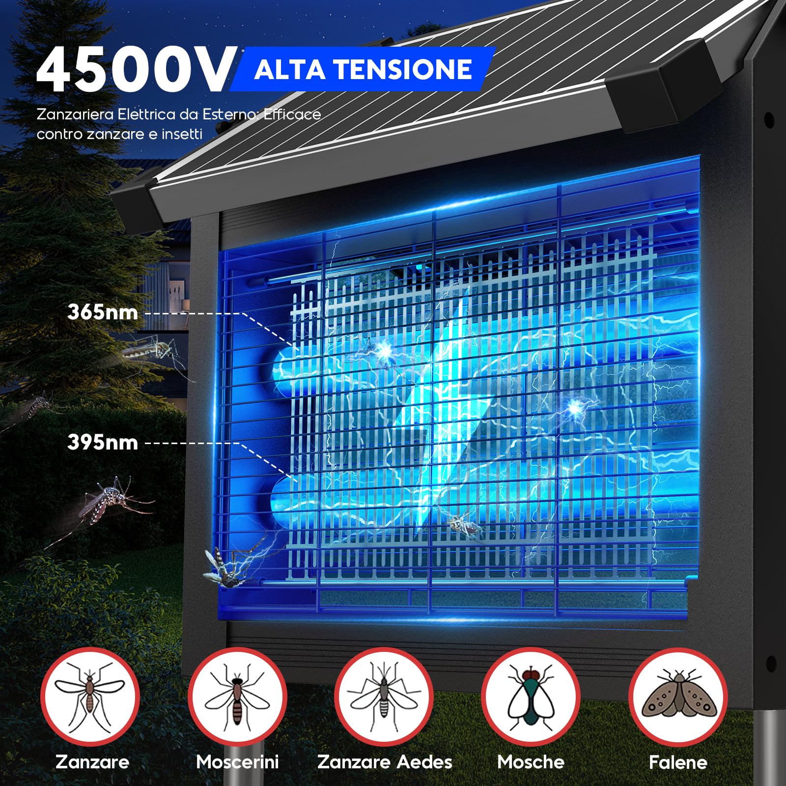 Lámpara Antimosquitos Solar de Exterior, Mata Mosquitos Eléctrico 4500V, Impermeable IPX5, Recargable USB-C, Batería de 4000mAh, Sin Cables con Estaca para Jardín, Césped