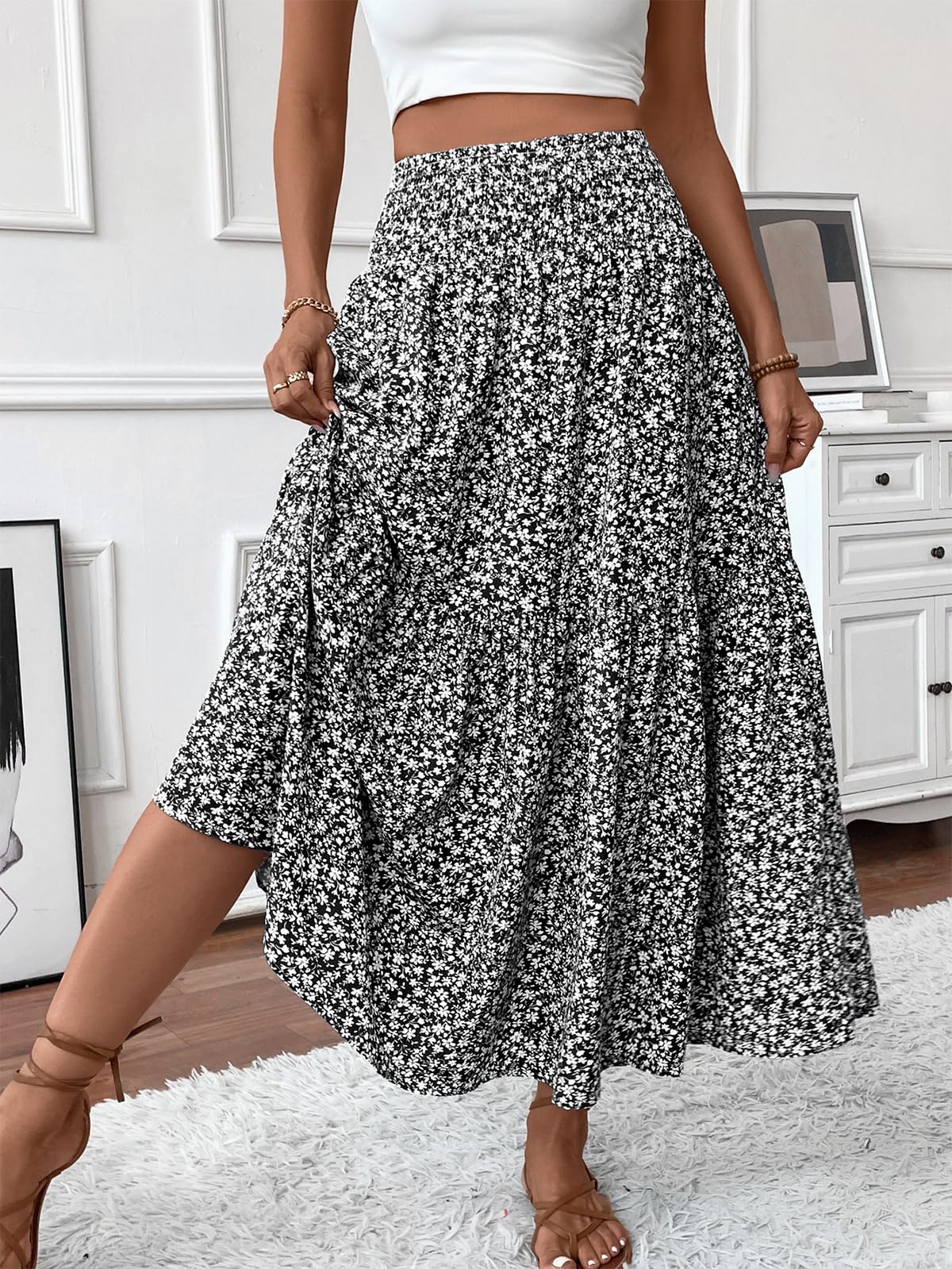 LIAMERHE Jupe Longue Femme d'été Maxi Jupe Bohème Ligne A Taille Haute Élastique Jupes Imprimé Jupe de Plage Jupe de Loisirs Décontractée Chic Taille Unique