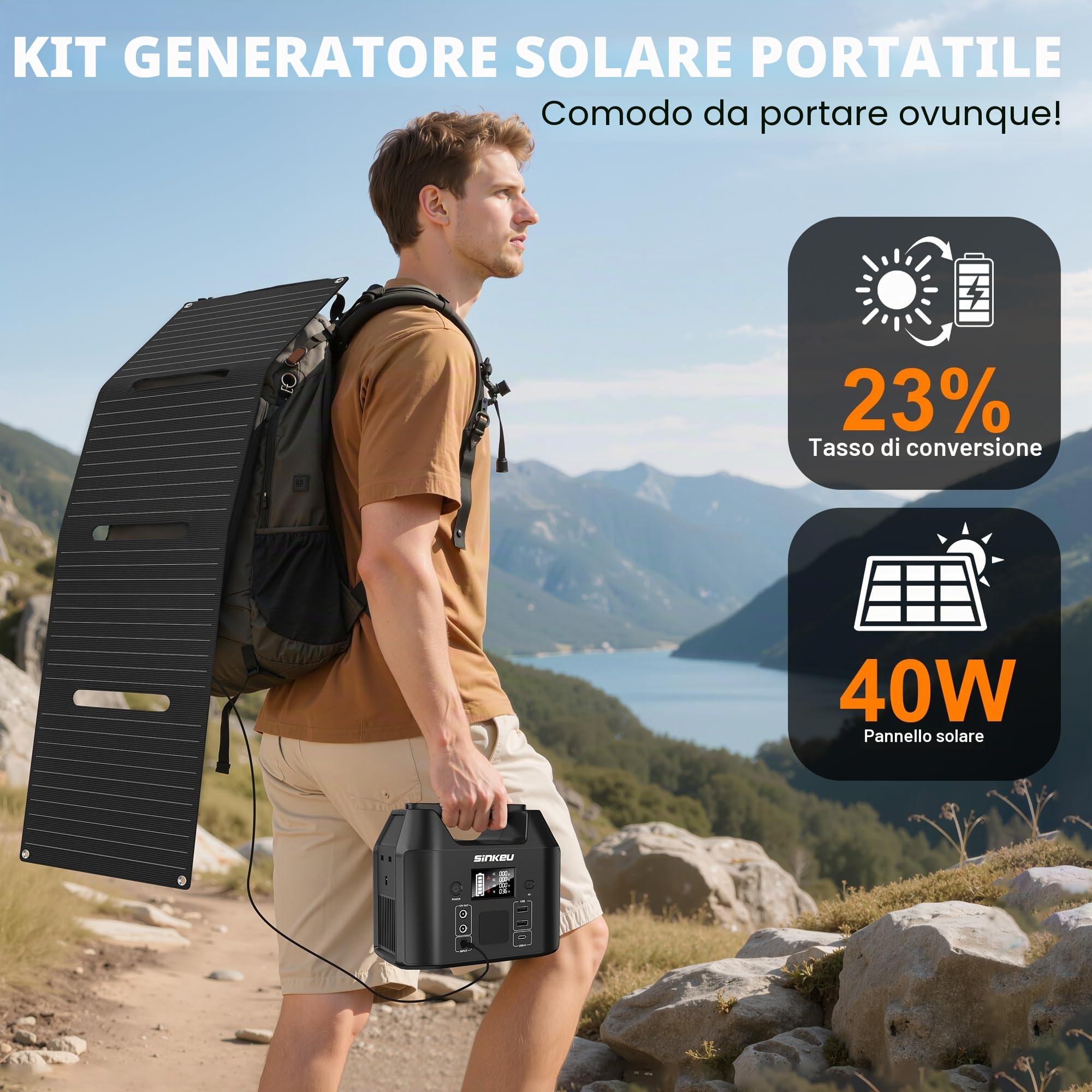 SinKeu Centrale elettrica portatile 96Wh con pannello solare 40W, 30000mAh LiFePO4 batteria generatore solare ha 230V 150W AC Outlet/12V DC/USB, alimentazione di backup per campeggio picnic giardino