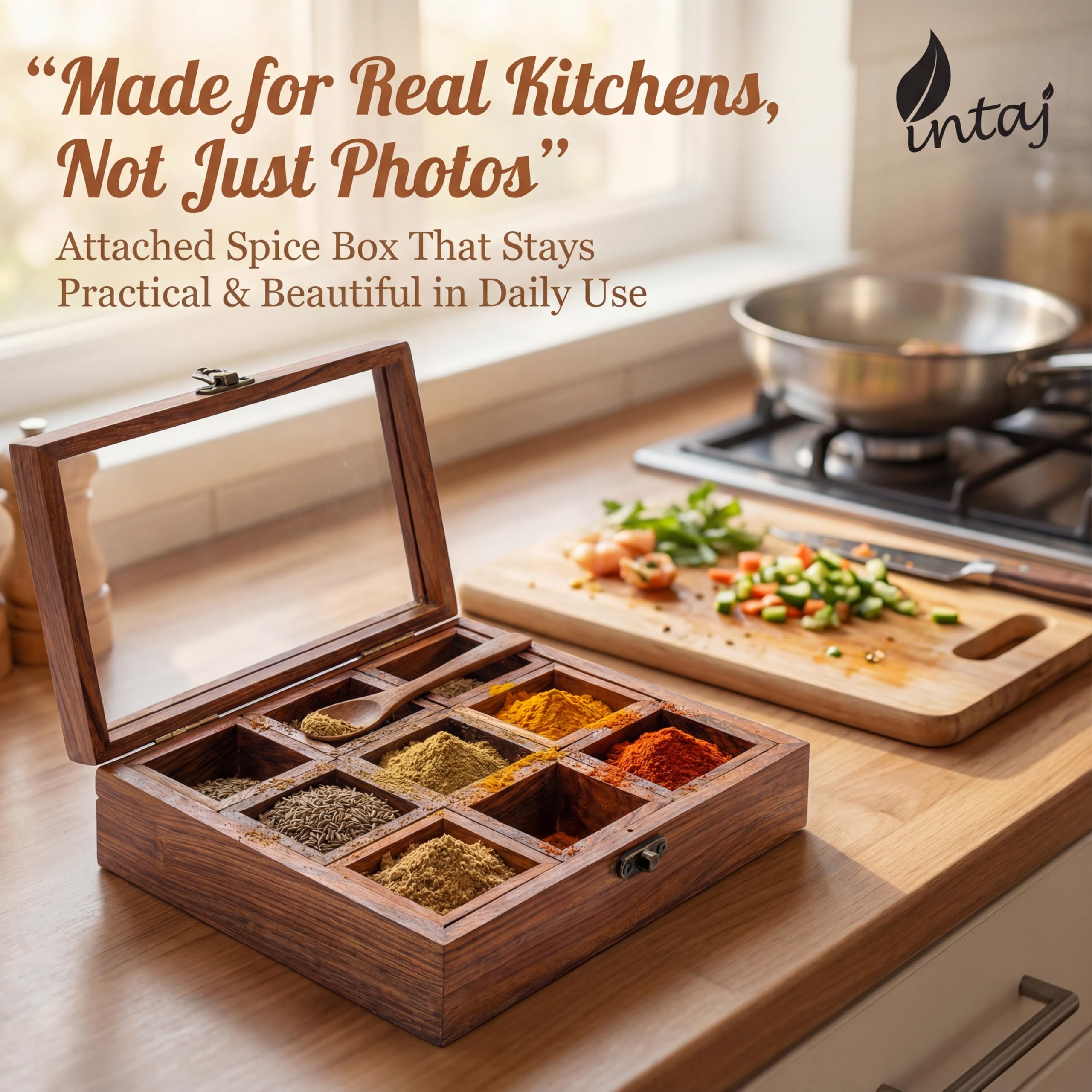 Scatola portaspezie in legno quadrata Masala Dabba 9 scomparti per condimenti erbe aromatiche armadio dispensa cassetto scaffale portaoggetti ripiano ripiano regalo per cucina casa cuochi set