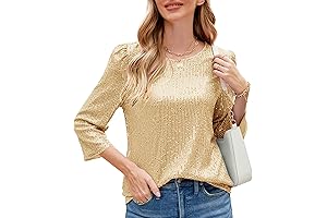 JASAMBAC Sparkly Gold Sweater for Women Dressy 3/4 Sleeve Sequin Tops