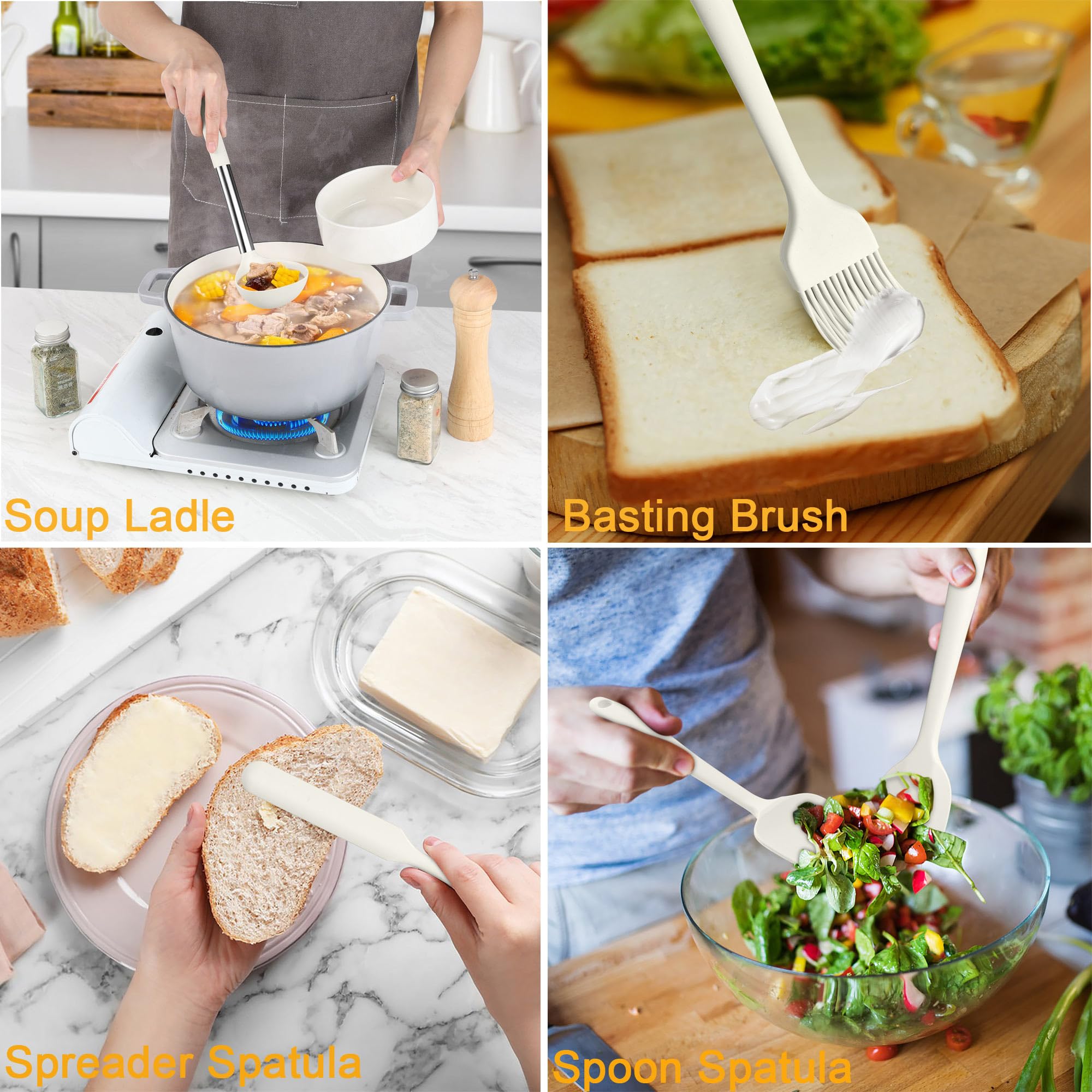 LIANYU Juego de 15 utensilios de cocina con soporte, utensilios de cocina de silicona con mango de acero inoxidable, herramientas de espátula resistentes al calor, cuchara de cepillo, pinzas, batidor,