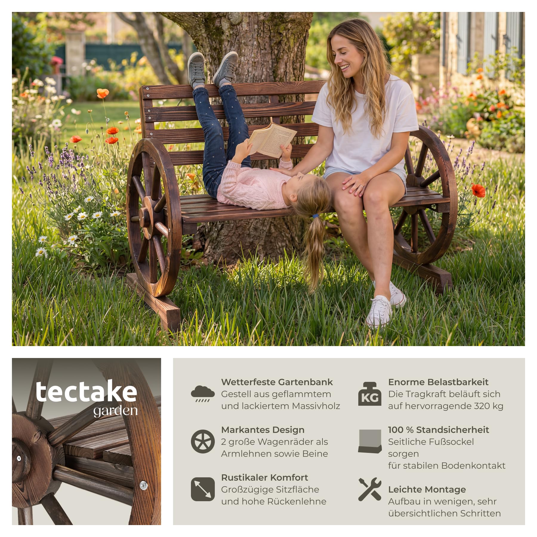 tectake® Gartenbank, 106 x 55 x 78 cm, geflammtes Massivholz | Belastbarkeit 320 kg, wetterfest, Wagenraddesign, hohe Rückenlehne, 2-Sitzer, Gartenholzbank, braun