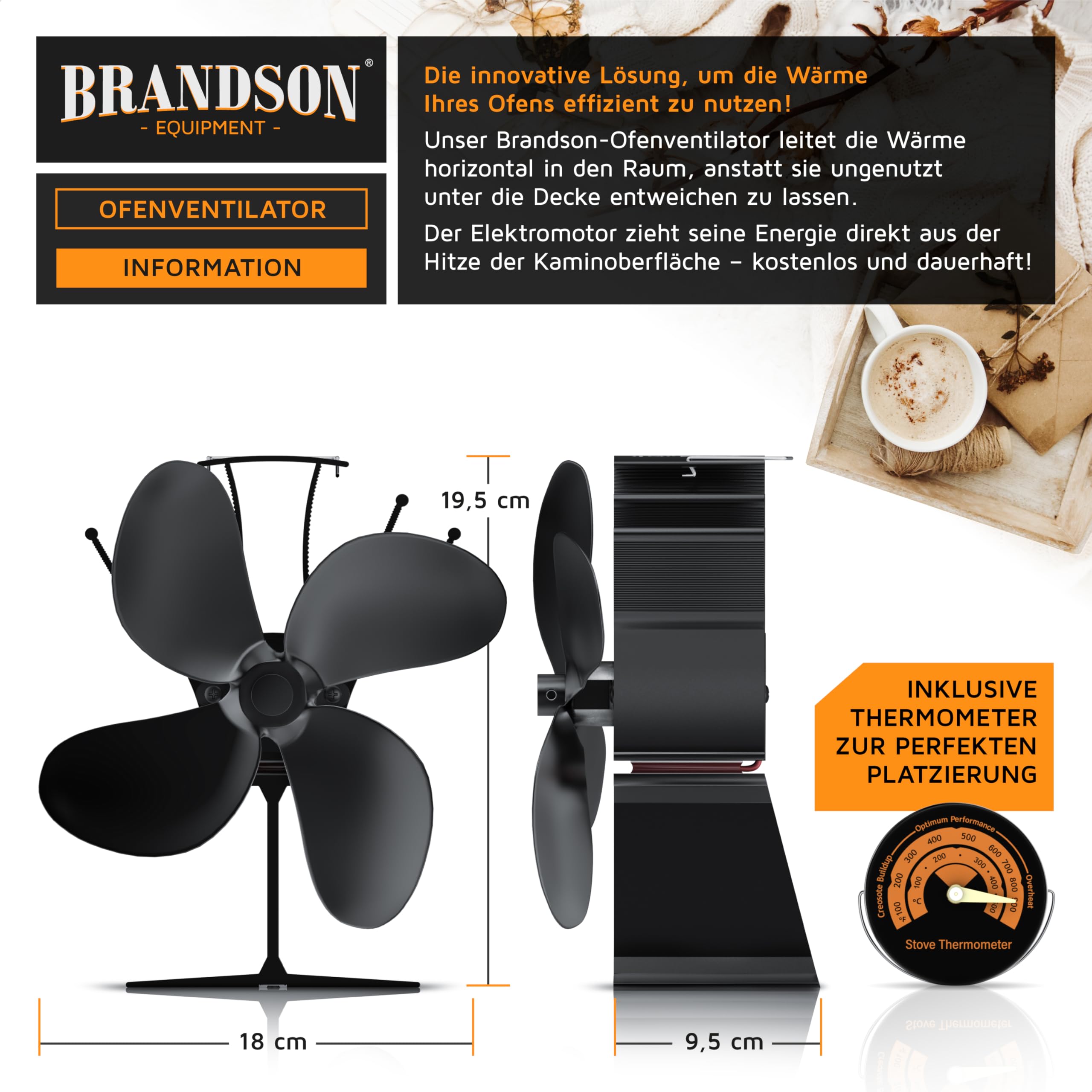 Brandson - Ofenventilator wärmebetrieben - Kamin Ventilator - Lüfter für Kaminöfen Holzöfen Öfen - 4 Flügel Rotorblätter – Rotordurchmessser 180mm – Wärmeverteiler ohne Strom – schwarz