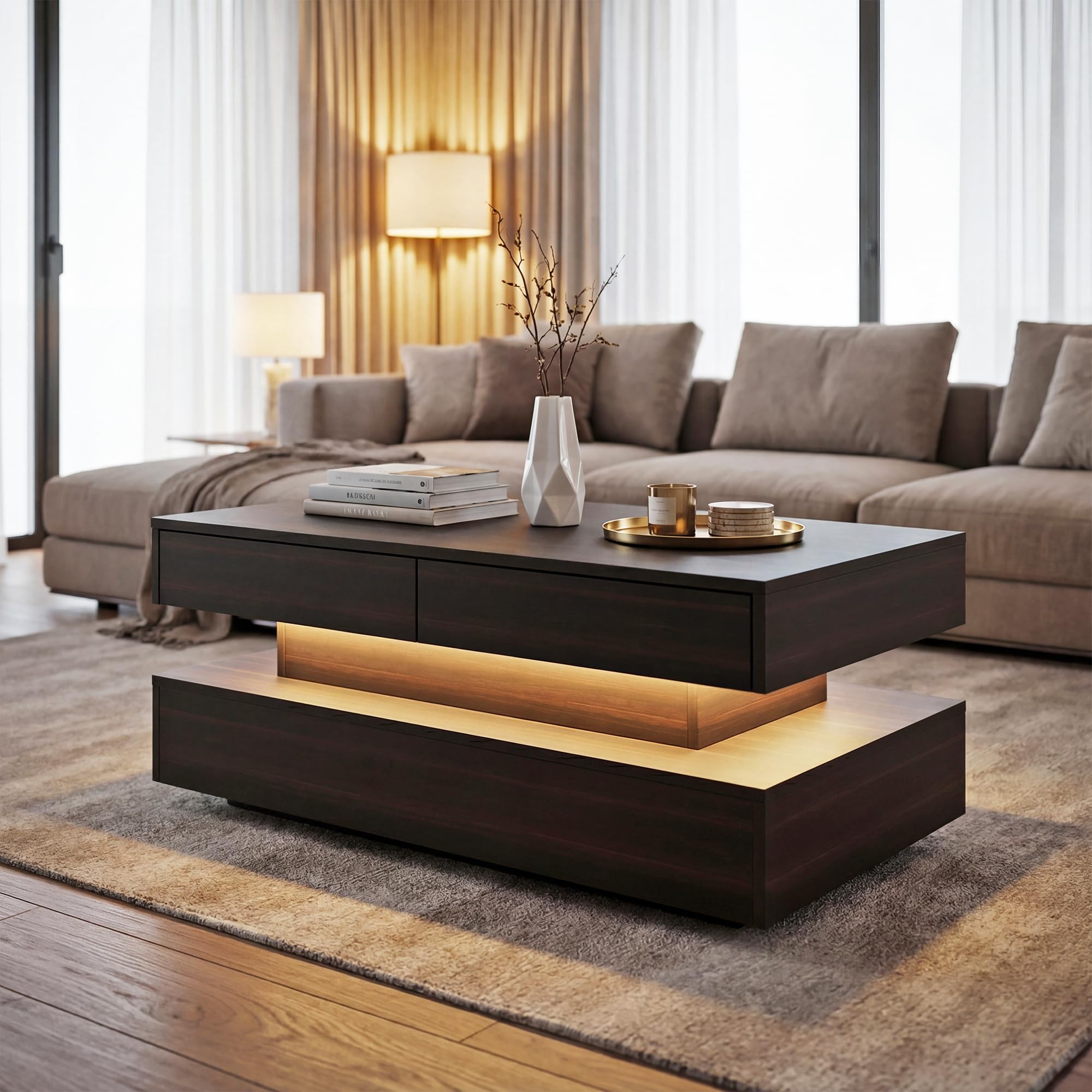 Manora Wohnzimmertisch Schwarz mit LED und Schubladen,Couchtisch Modern mit Stauraum,Rechteckiger Sofatisch,Tisch Wohnzimmer,Bräunlich-schwarz