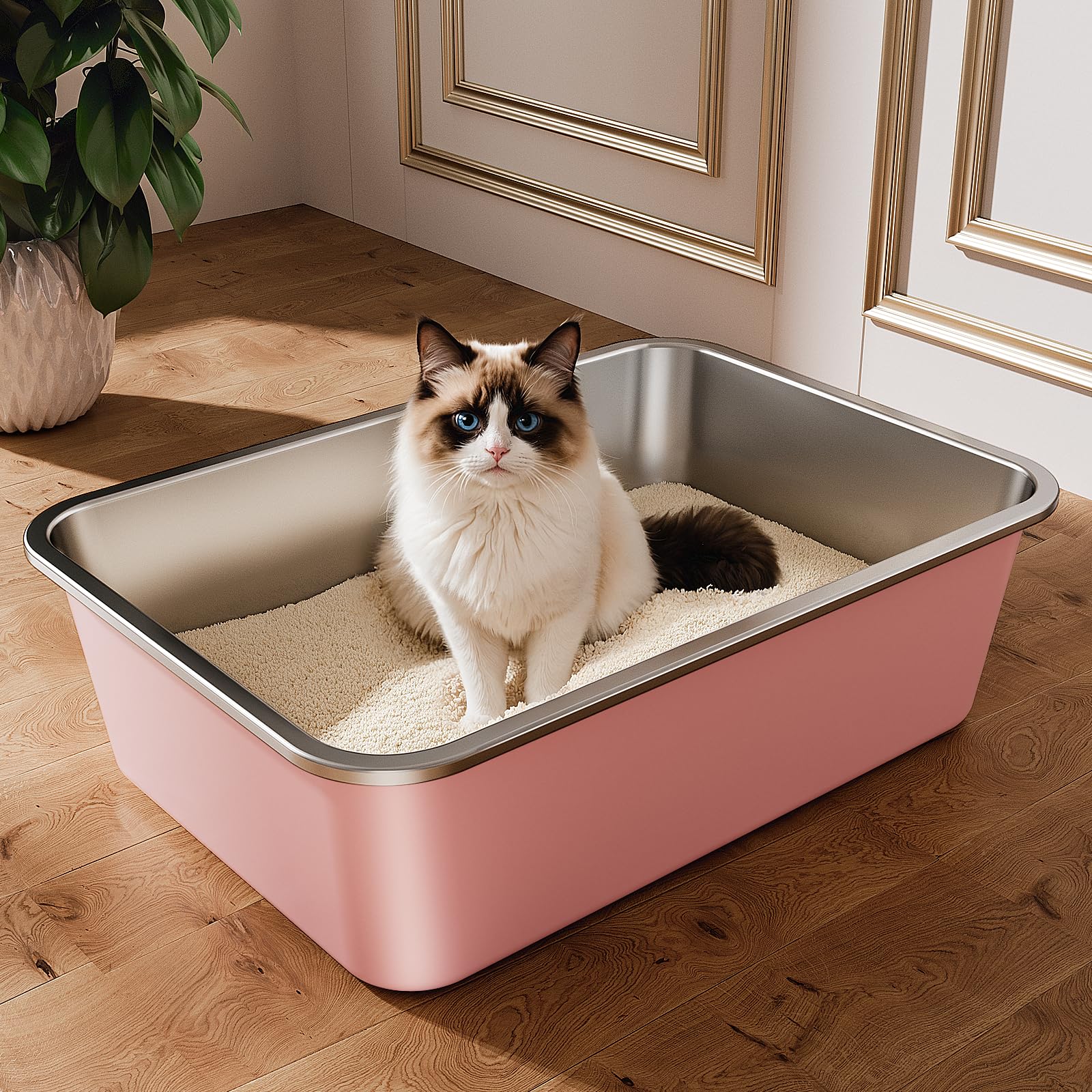 Bac litière pour chat en inox de dimensions 50 x 35 x 15cm rose