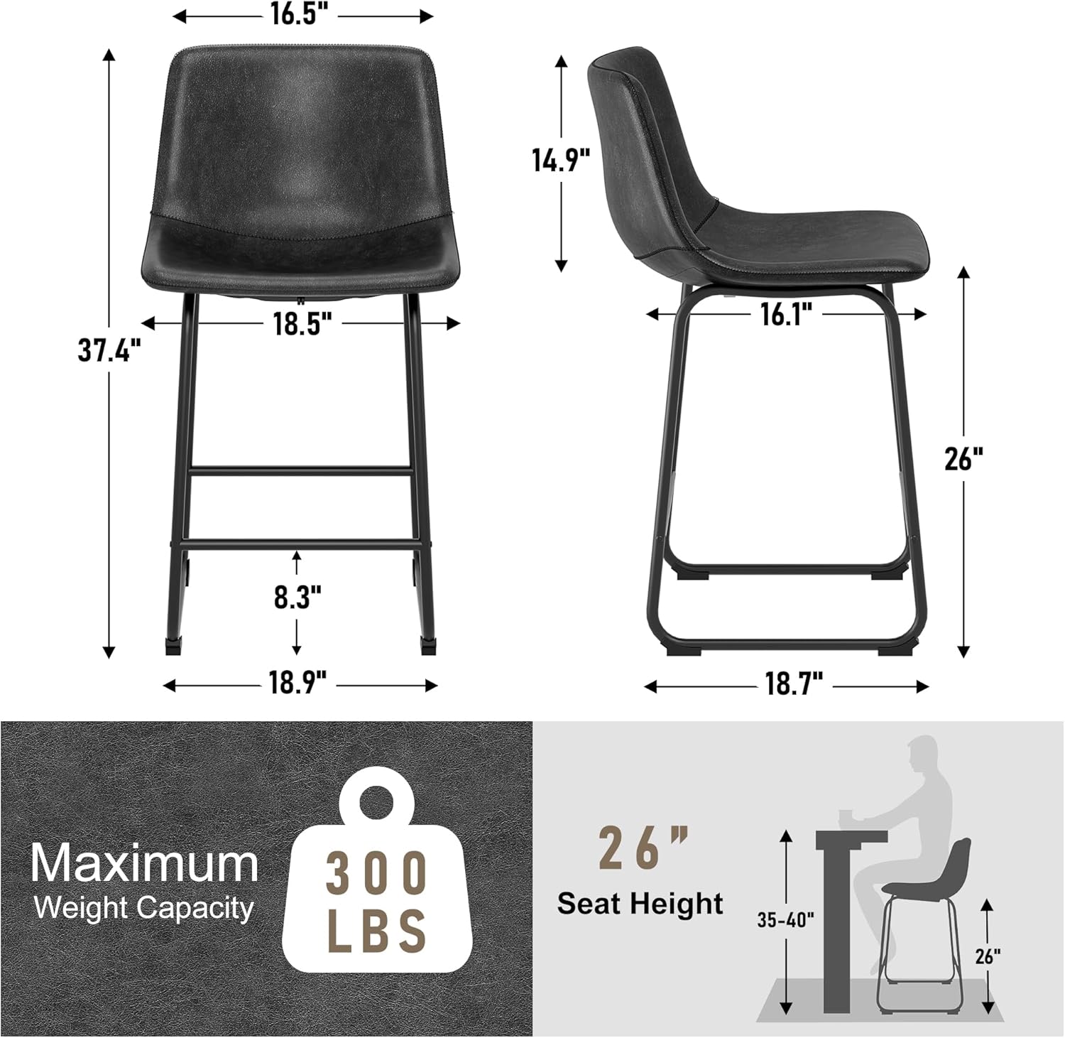 Set of 4 Black PU Leather Counter Height Bar Stools with Metal Legs