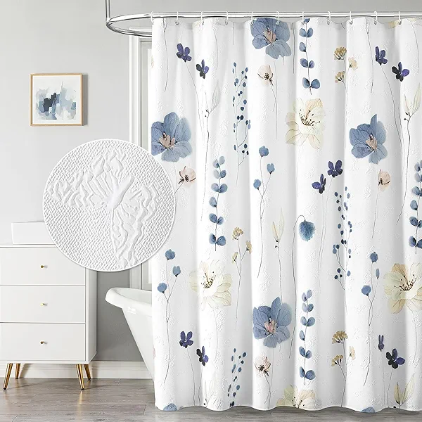 QiyI Watercolor Floral Shower Curtain, 3D Embossed Butterflies Grey Beige Flower Bathroom Curtains, Minimalist White Cloth Bath Curtain, Waterproof Fabric Textured Shower Curtain Set with Hooks, 72x72