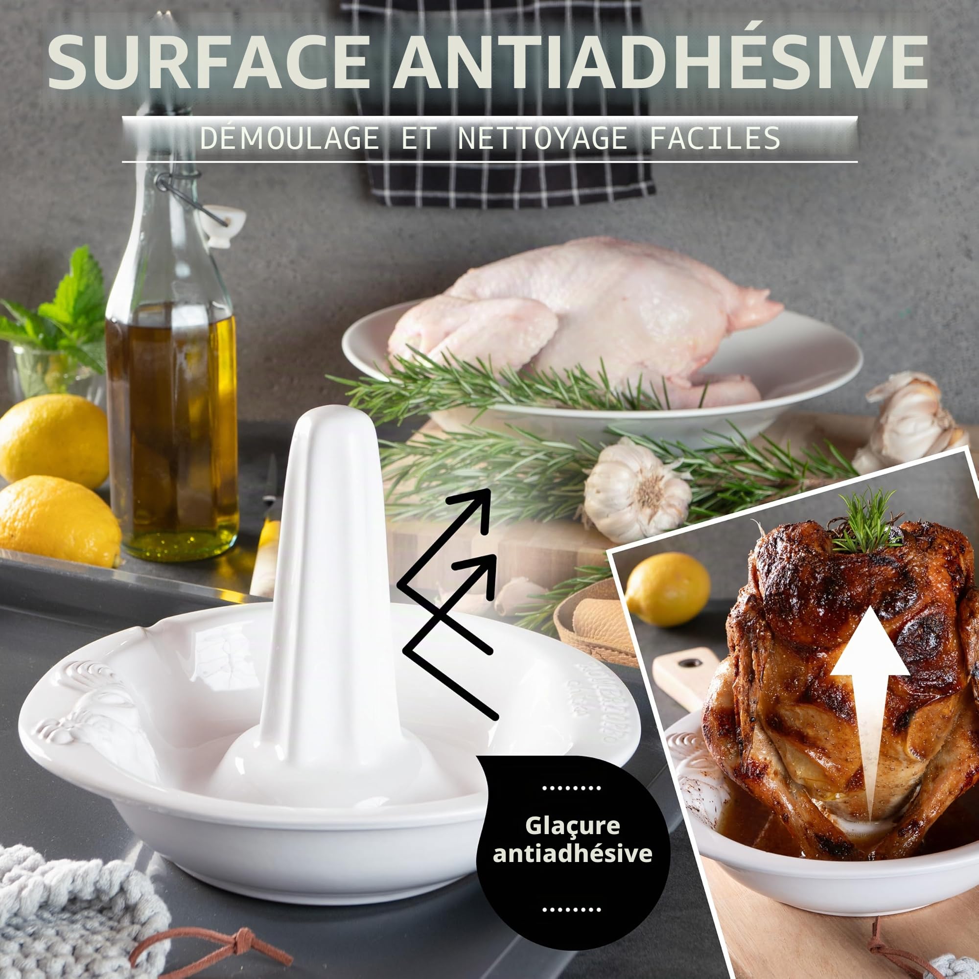 Römertopf Rôtissoire à poulet verticale en argile naturelle Ø 25 cm, avec récipient à arômes pour poulet et canard, blanc