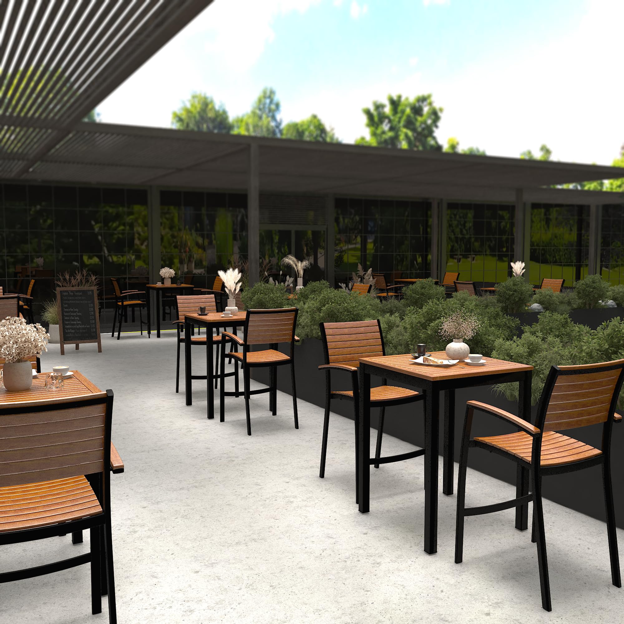 METRO Professional Sgabello da Esterno con Braccioli Lynx, Alluminio/Legno di Eucalipto, Sedia Impilabile, Ideale per Ristorante e Giardino, Marrone/Nero
