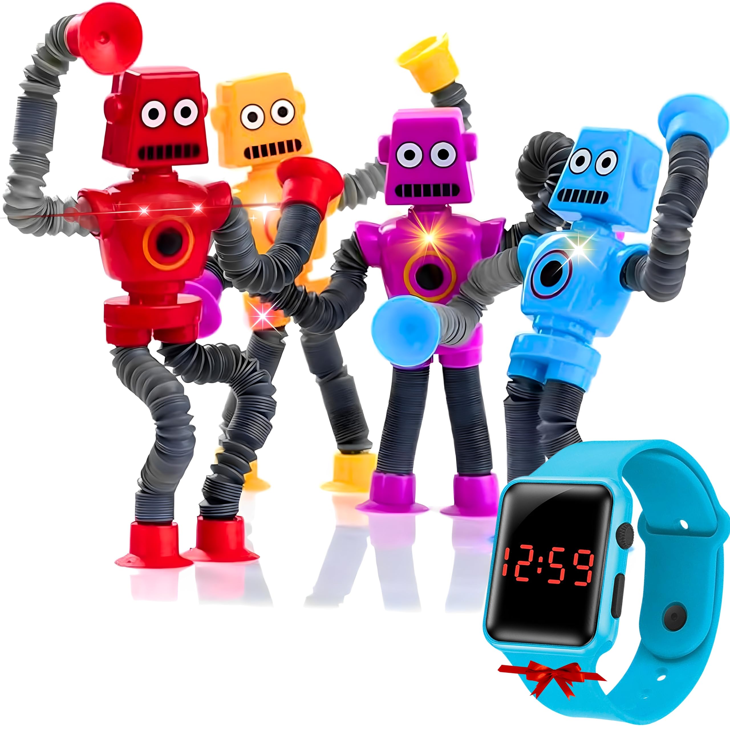 Pop Tubes | 4Pcs LED Telescopic suction cup Robot | Fidget Pop Tubes | Shape Changing Robot Toys | Skills & Creative Learning, Autism Sensory for Autistic Children, With Gifted Smart Watch
