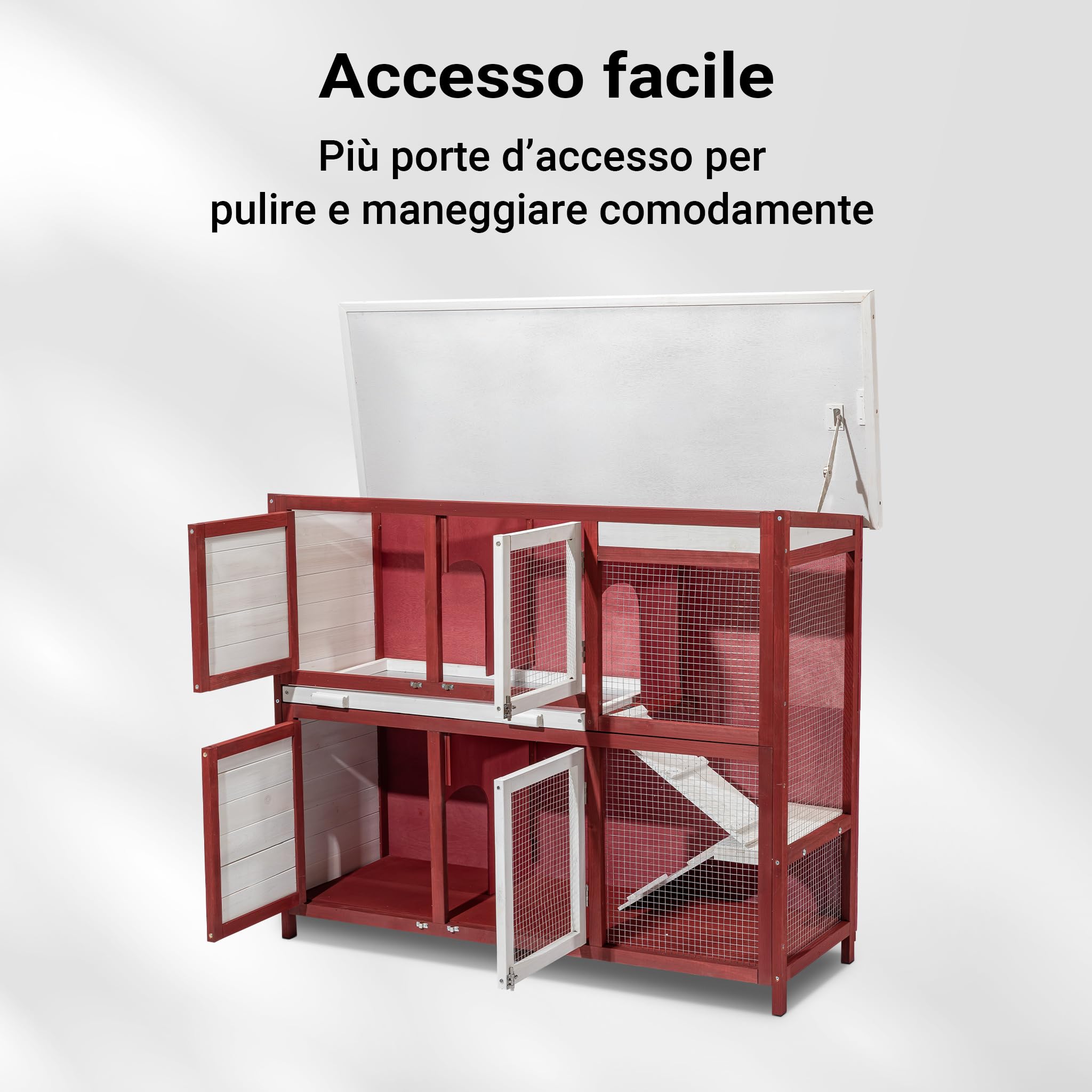 Conigliera a 2 livelli Con scale Pavimento estraibile In legno Rosso-bianco Stalla