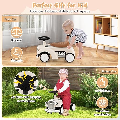 Miniatura 5 de HONEY JOY Auto de empuje para niños y niñas, juguete de montar al aire libre con volante, bocina y almacenamiento, auto deslizante de pie a piso,
