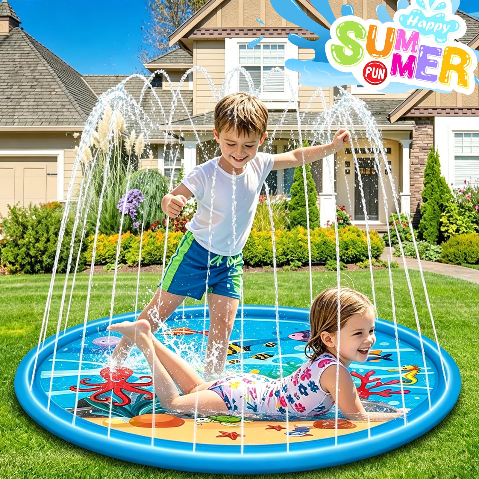 170CM Tapis d'eau, Tapis de Jeu d'eau, Jouet Aquatique d'Été, Jeu d'eau Extérieur pour Enfants et Animaux de Compagnie, Adapté pour Les Activités Extérieures, Les Fêtes à La Plage et Les Jardins