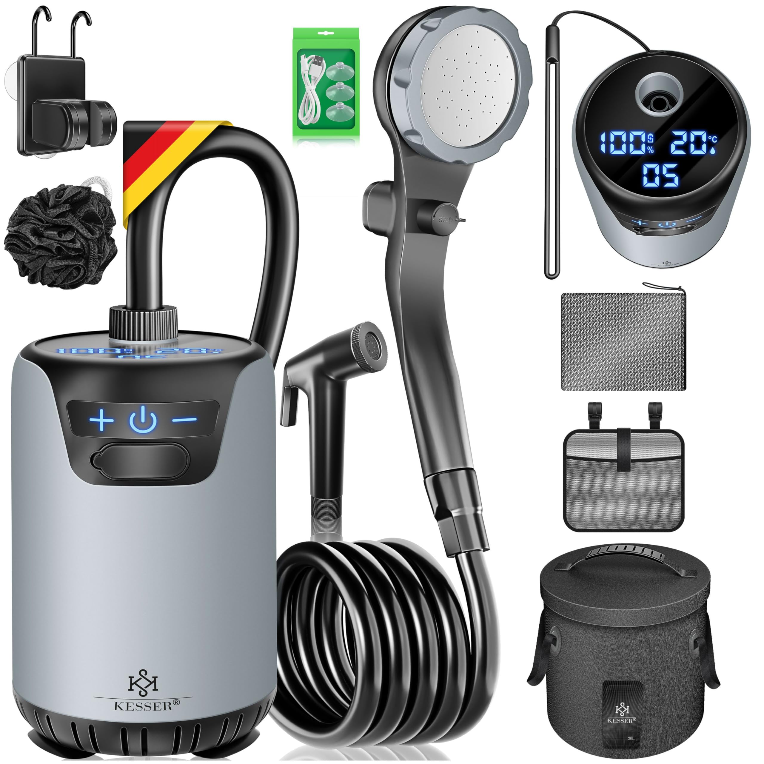 KESSER® Campingdusche Solardusche mit Pumpe & wiederaufladbarem Akku 8000mAh Mobile Dusche | Camping Dusche Set inkl. einstellbarem Duschkopf, 2m Schlauch, Sprühpistole & Halterung