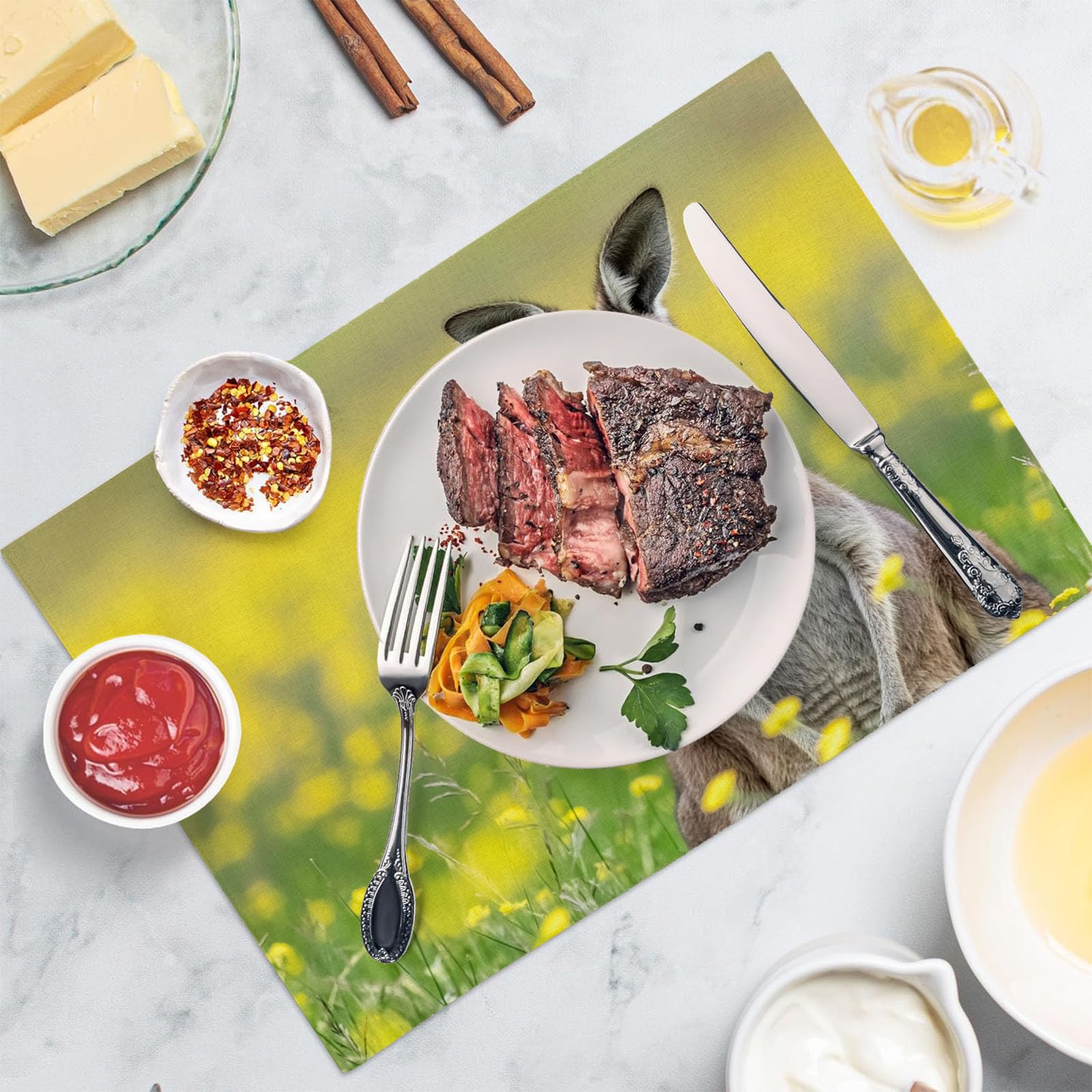 Set di 8 Colazione Stoffa 30x45cm, Fiori Gialli Di Colza Cotone e lino Tovagliette Americane Lavabili, Tovagliette Campagna Canguri per Primavera Vacanze Cucina Feste, Pasqua